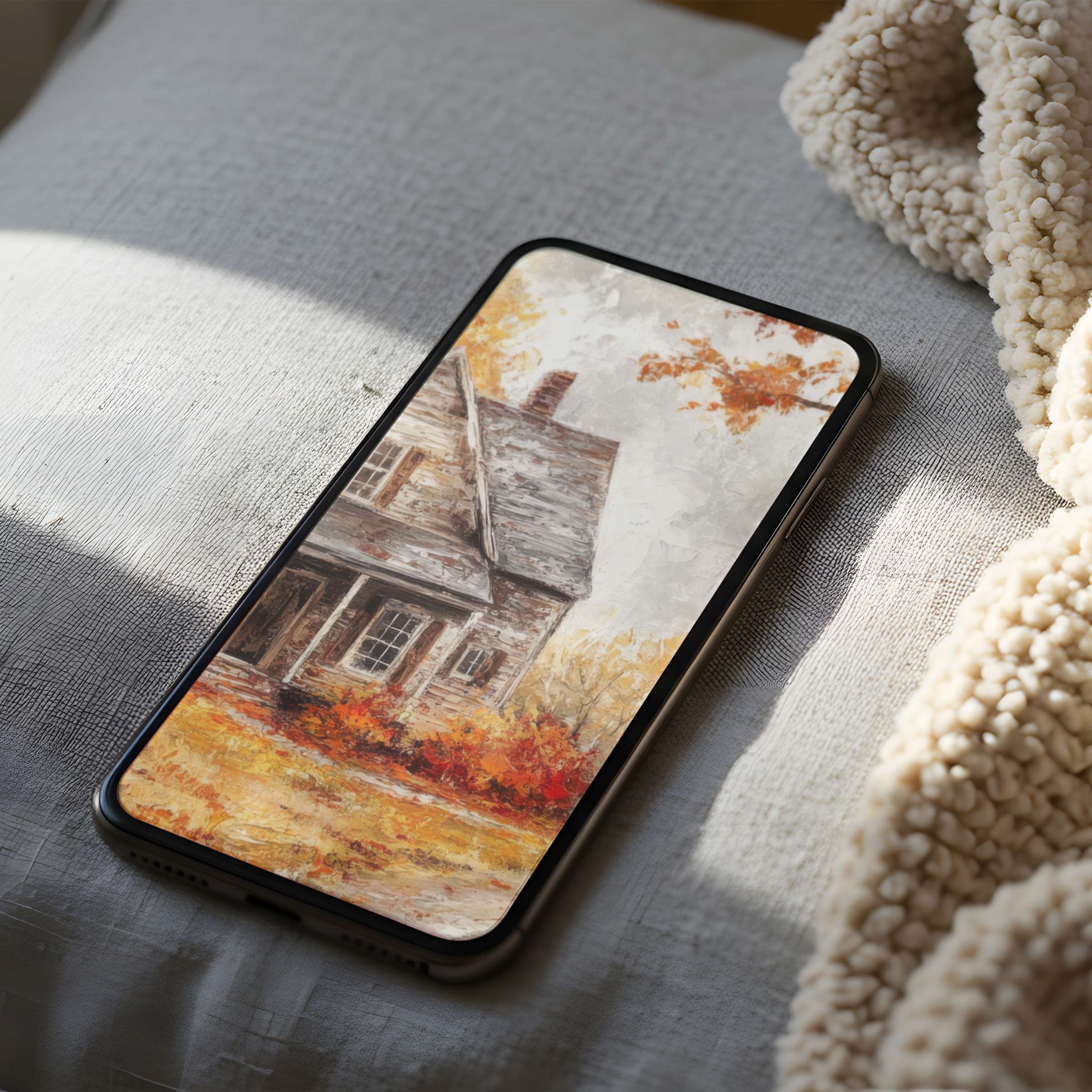 Elegant phone wallpaper featuring a rustic autumn cottage in watercolor style, high resolution for iPhone and Android, instant download