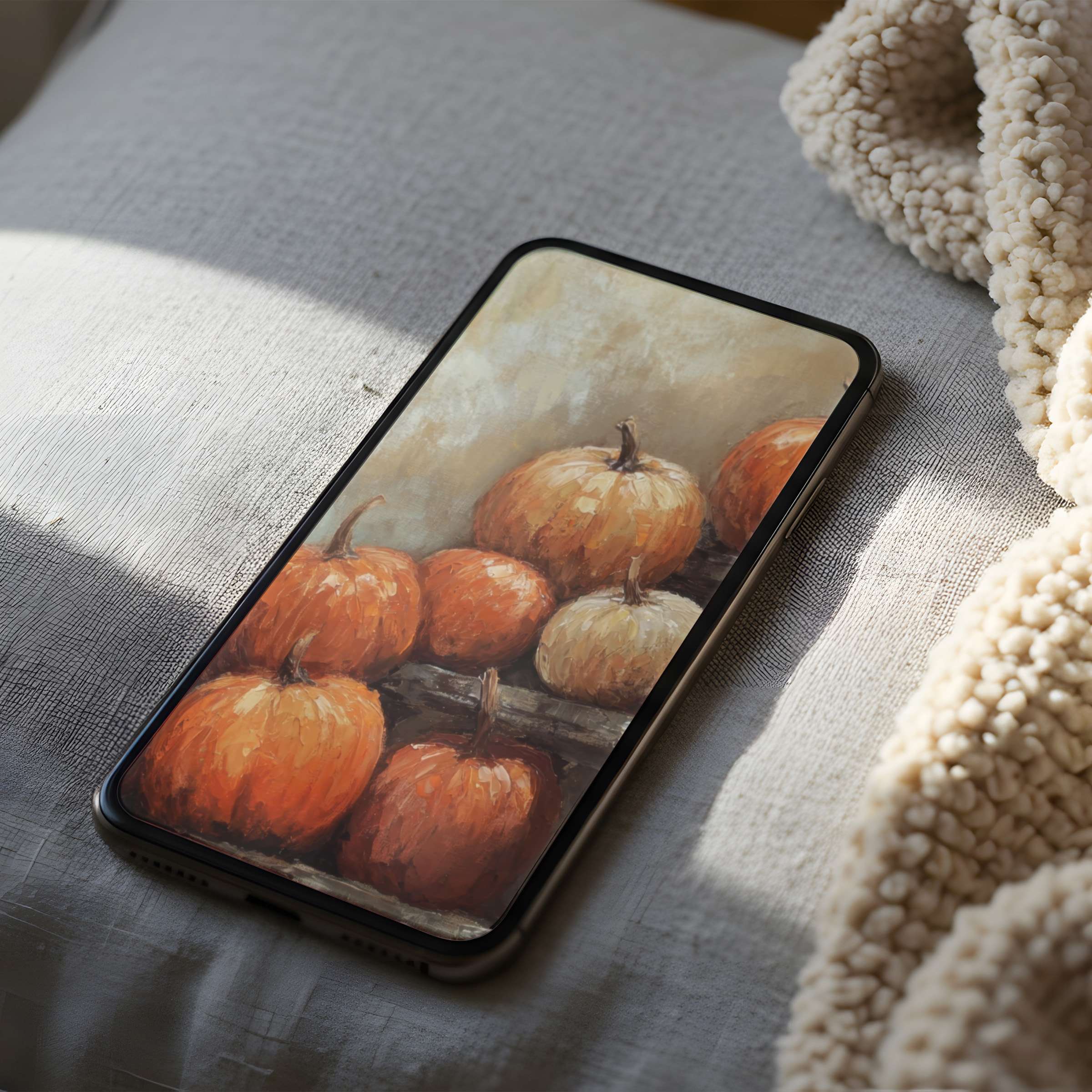 Warm autumnal phone wallpaper with rustic pumpkins, perfect for high resolution iPhone or Android download, adds calm elegance