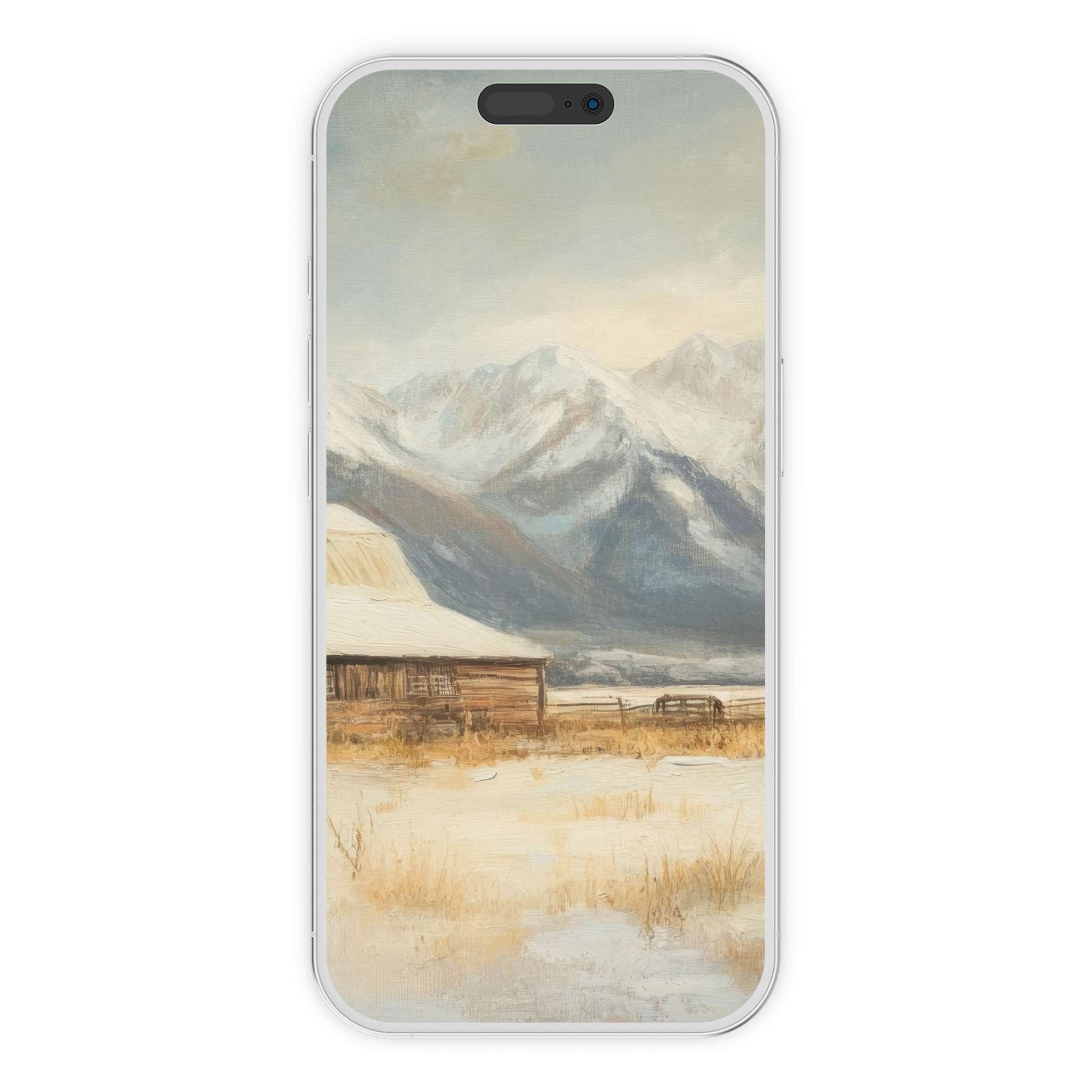 Serene farmhouse iPhone wallpaper with snowy mountains offers a rustic digital download as an elegant, calming phone background