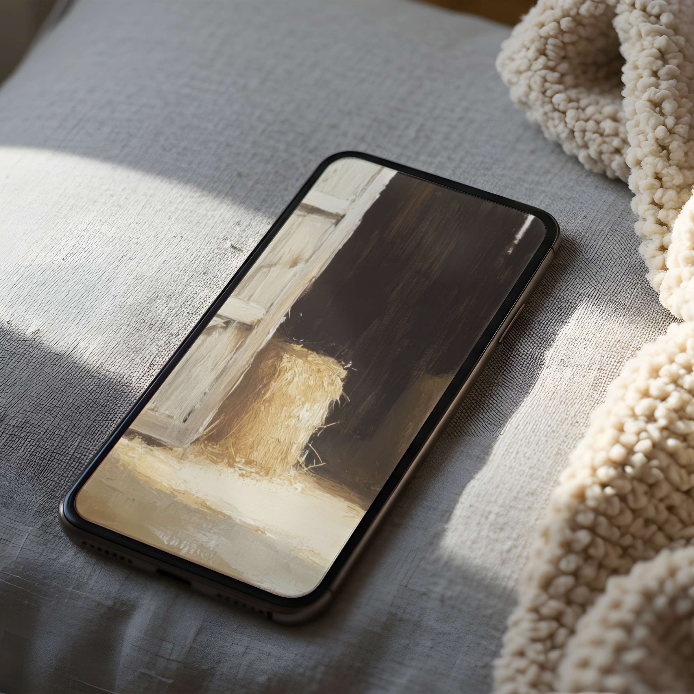 Elegant phone wallpaper showcasing warm, textured straw and muted beige hues offers tranquility on high-resolution iPhone and android screens