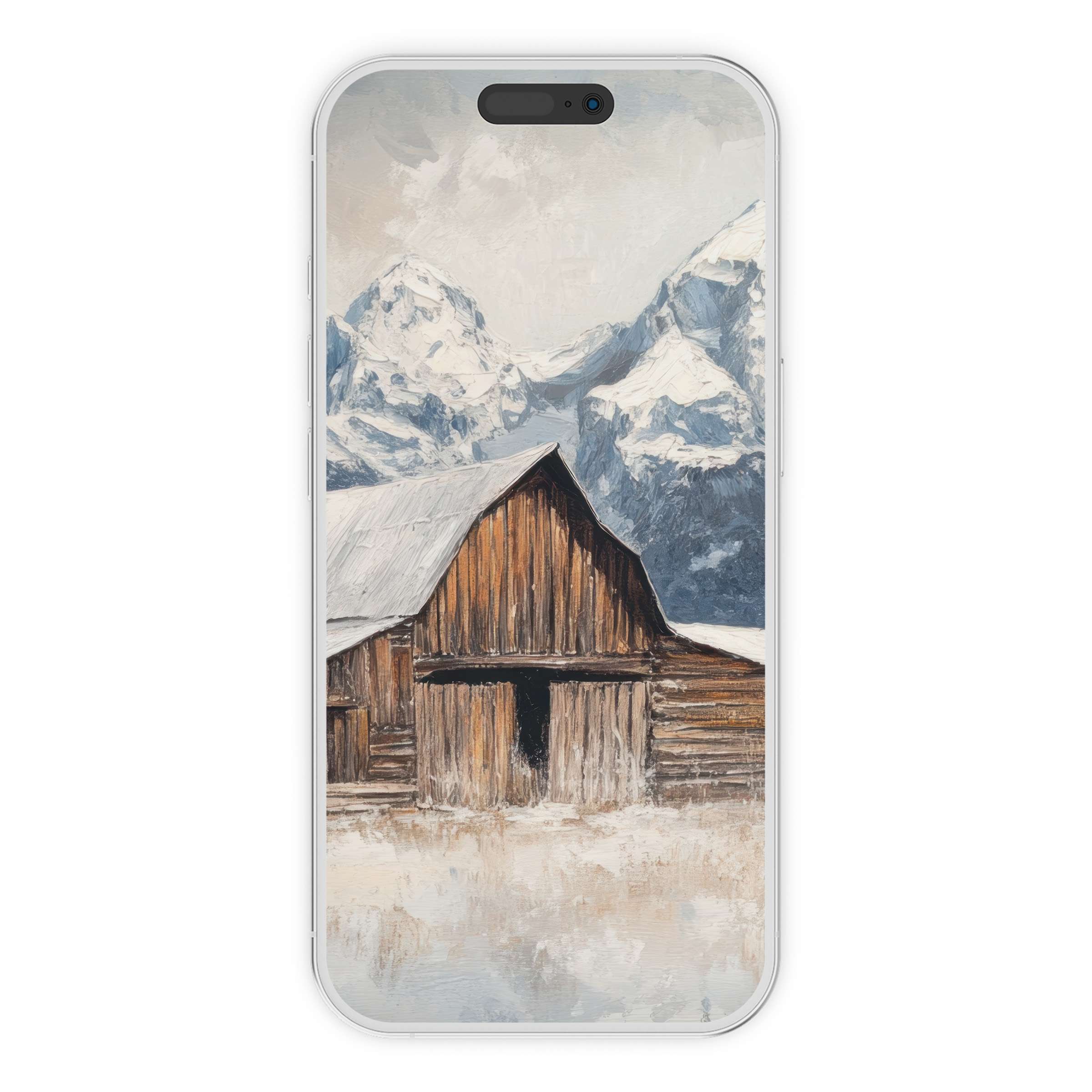 Rustic farmhouse iPhone wallpaper features a serene barn scene with snowy mountains, perfect digital download for elegant phone backgrounds