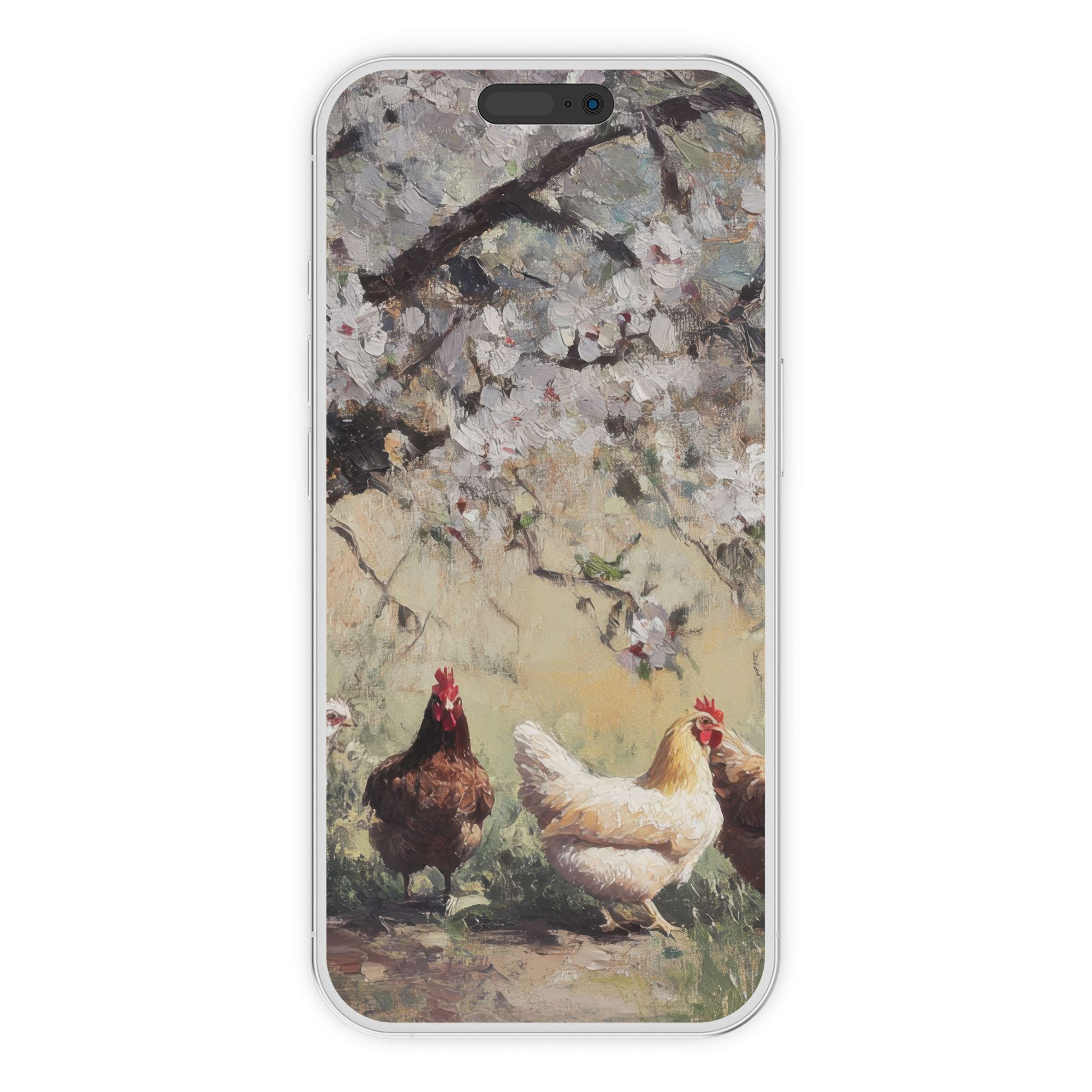 Farmhouse iPhone wallpaper with serene chickens under blossom trees, offering a calming digital download background for phones