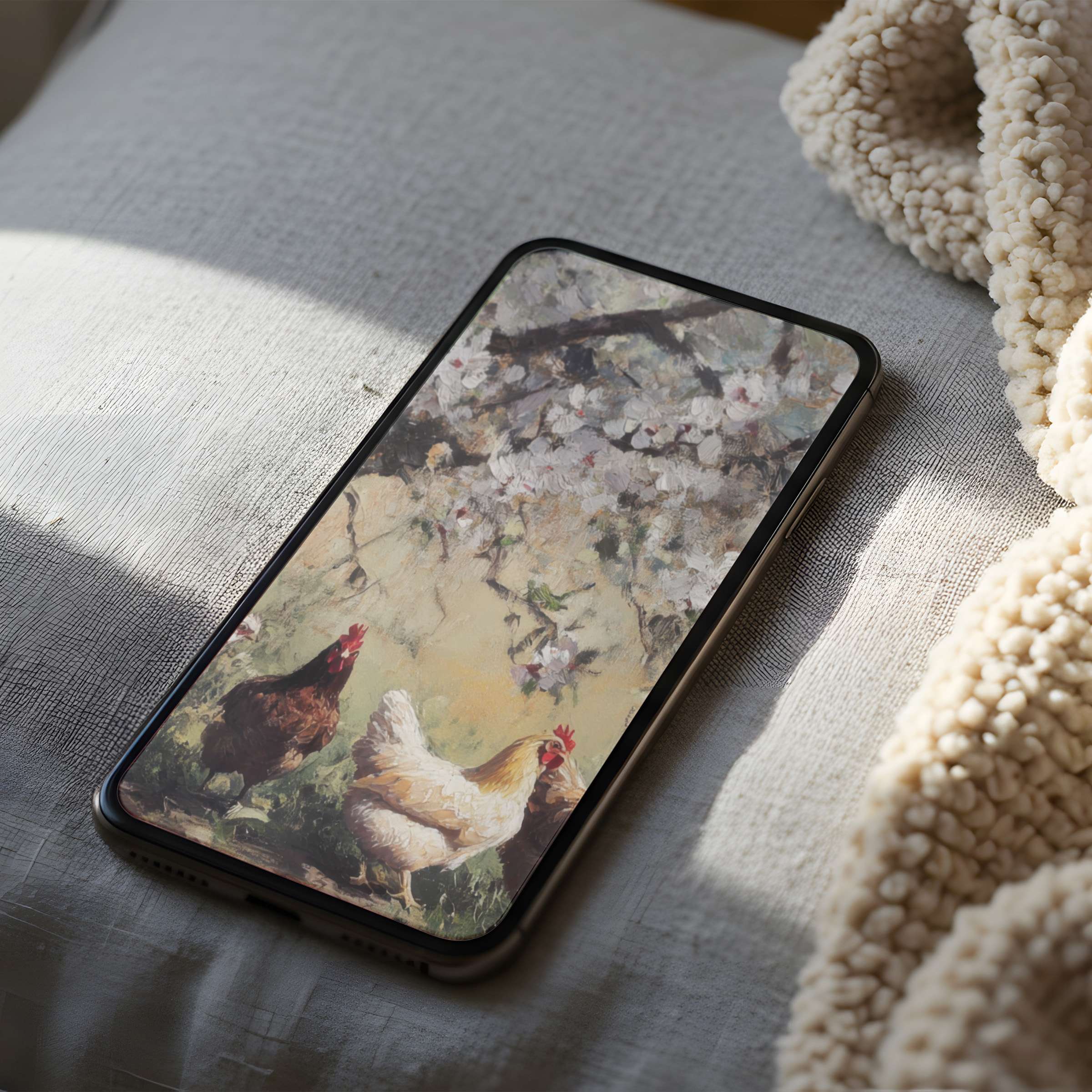 Elegant phone wallpaper featuring chickens under blooming branches offers serene beauty for iPhone or Android users seeking high resolution calm