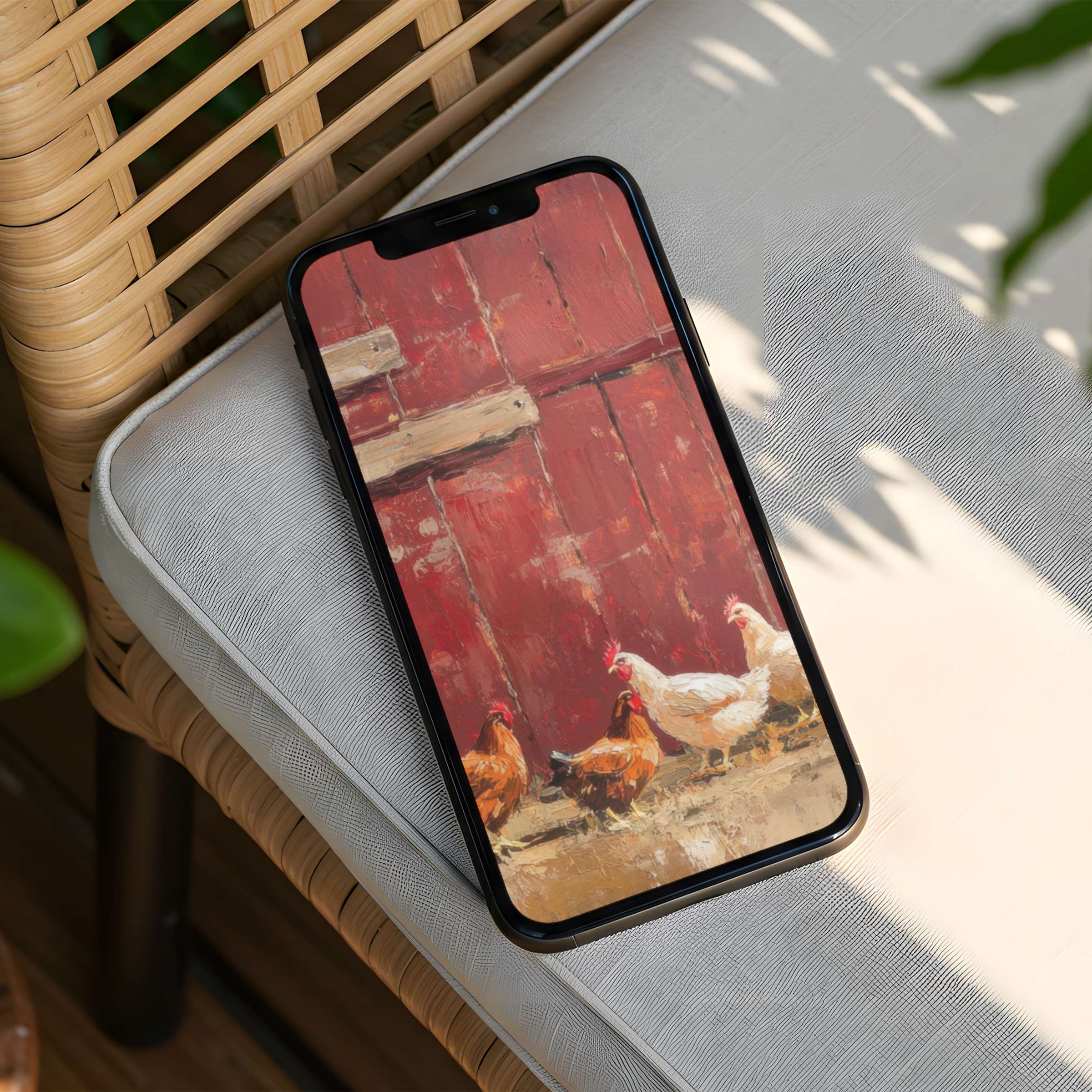 Elegant iPhone background featuring rustic chickens against a vintage red barn texture offers calm inspiration with instant download for phone users