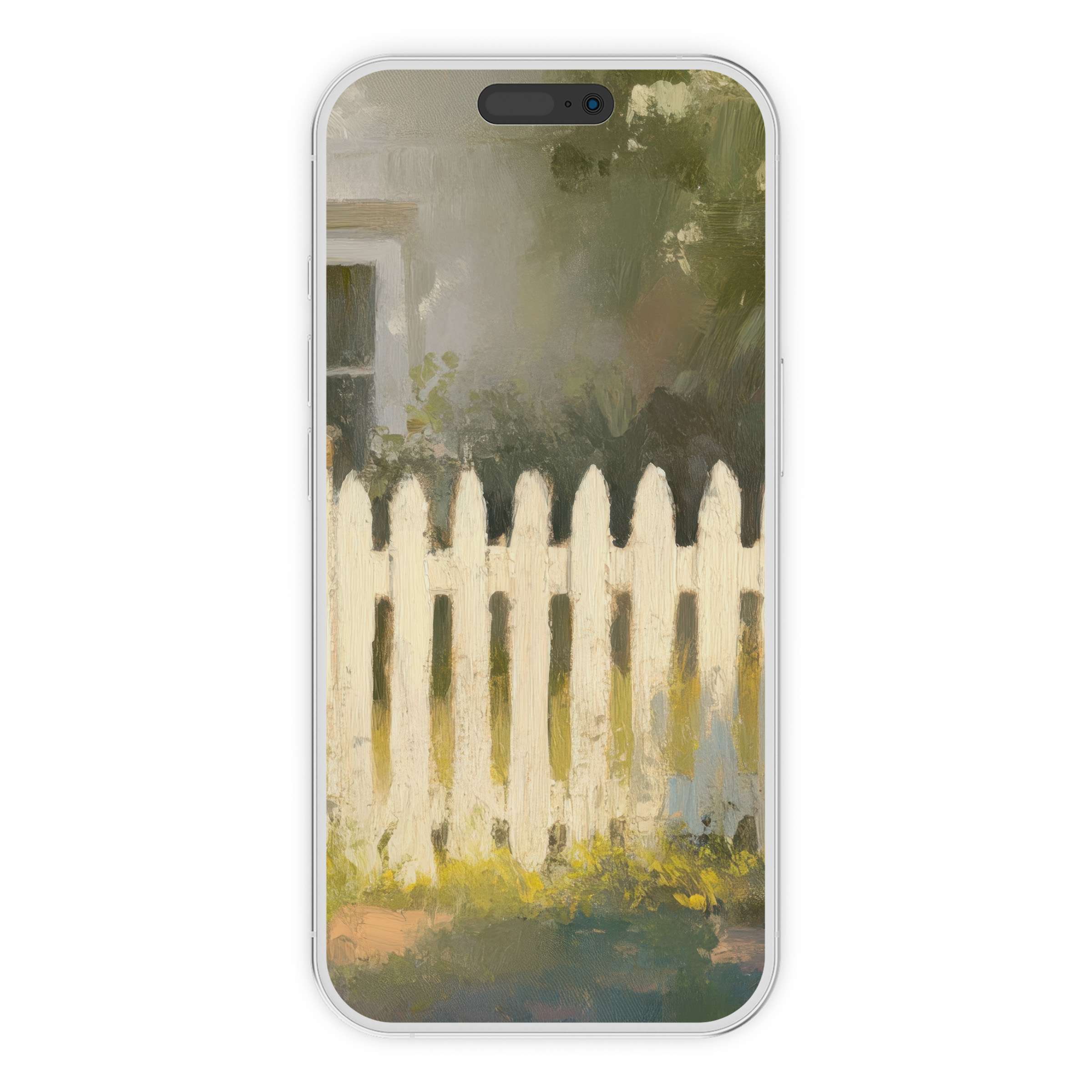 Farmhouse iPhone wallpaper with a serene, artful background of a white picket fence and lush greenery digital download for phone