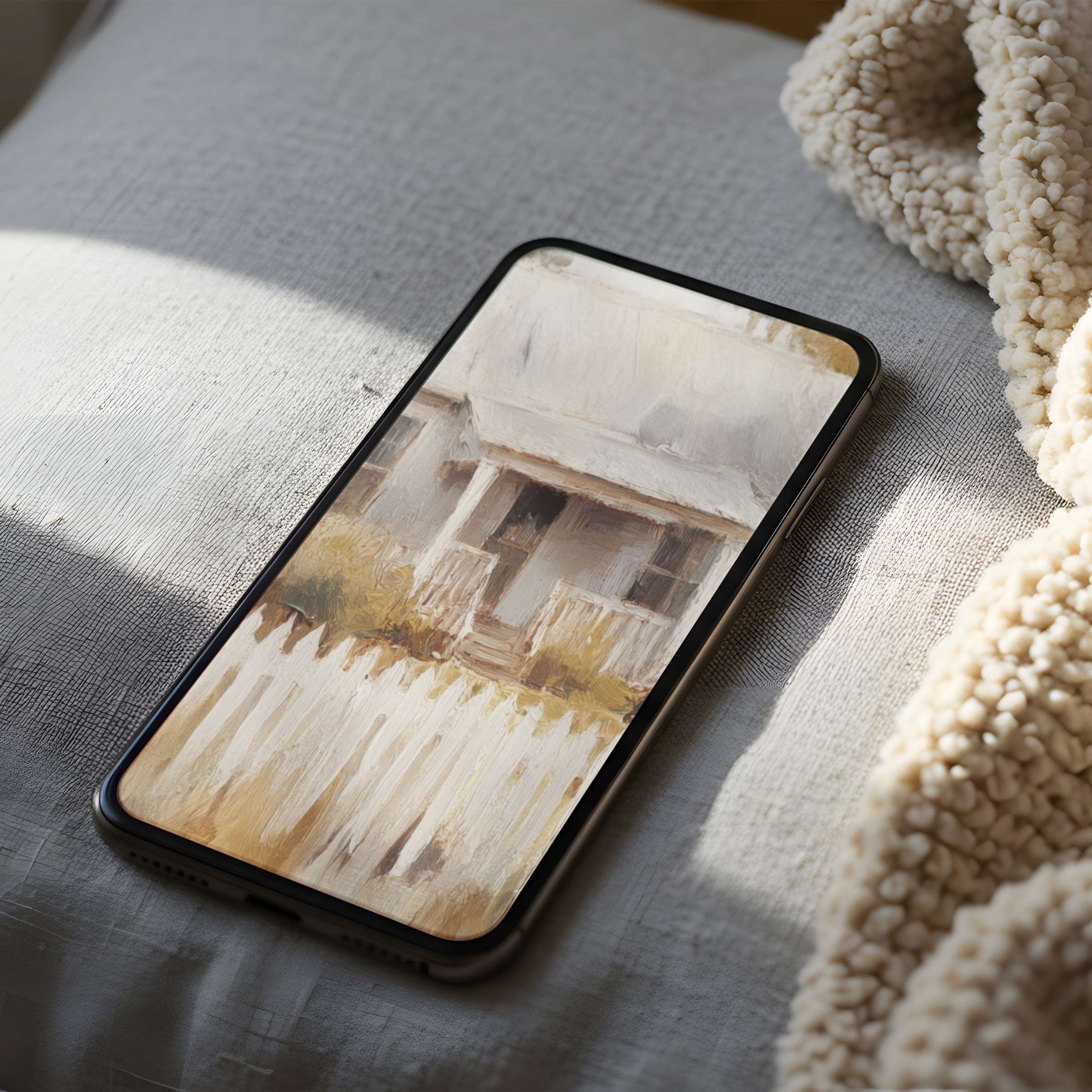 Calming phone wallpaper featuring an impressionist house painting in warm tones on a bed, perfect for iPhone and Android digital download