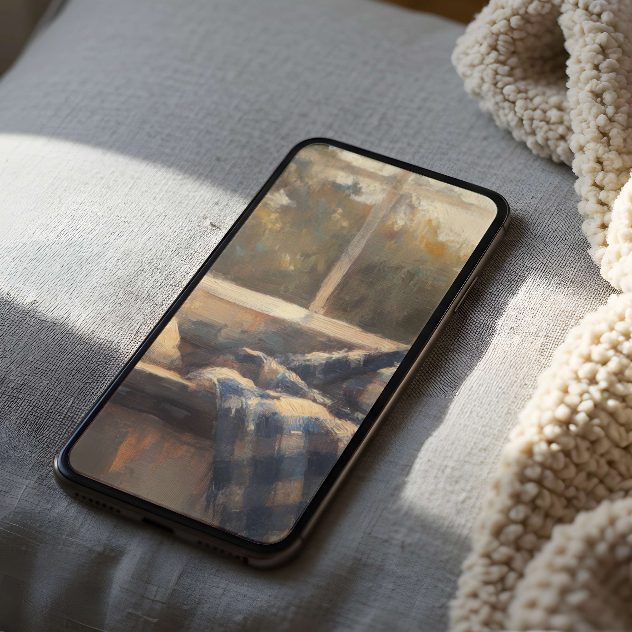 Warm, textured phone wallpaper with cozy plaid pattern evokes calmness, suitable for iPhone and Android, available as a high-resolution digital download