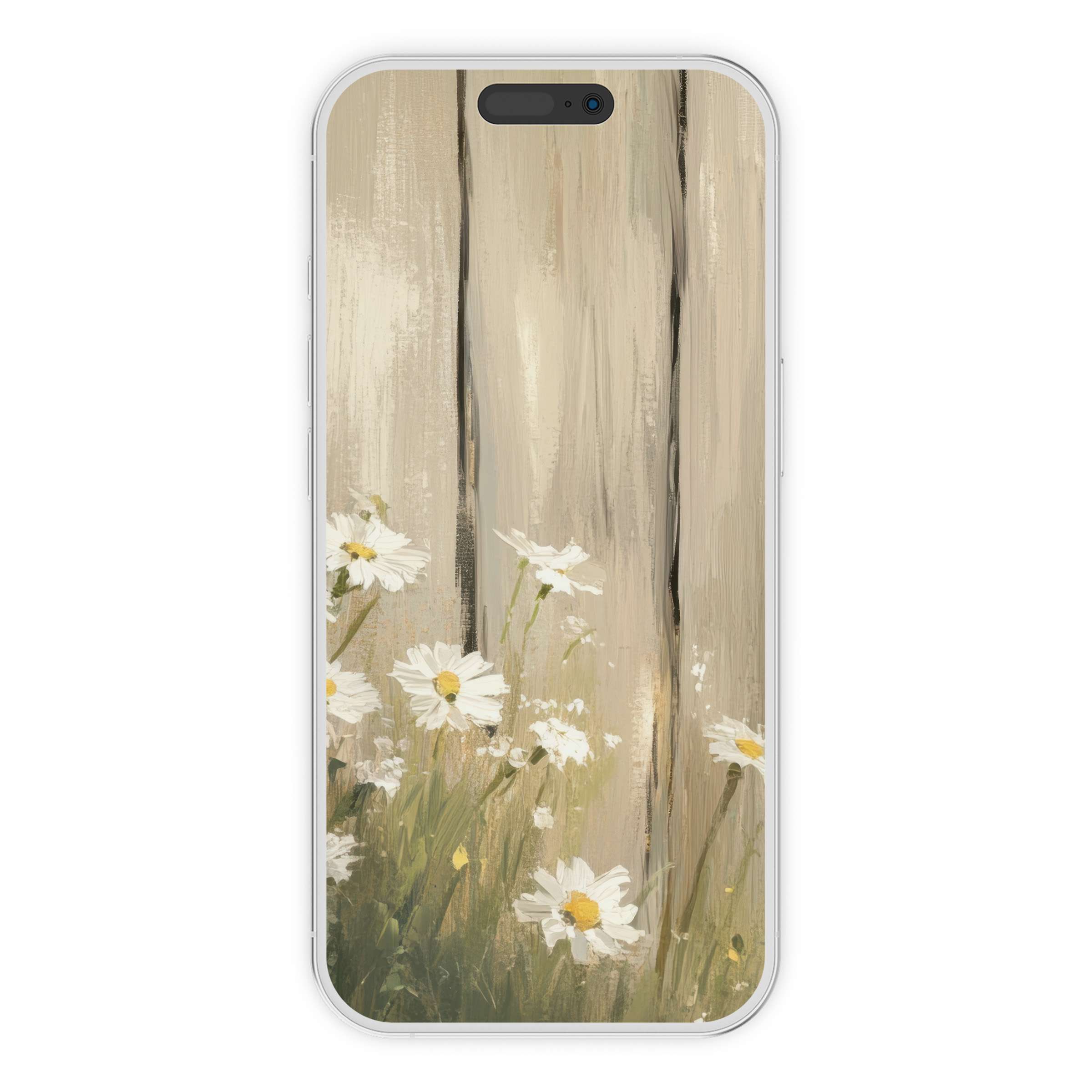 Elegant farmhouse iPhone wallpaper with daisies against rustic wood, perfect phone background for iPhone and Android digital download