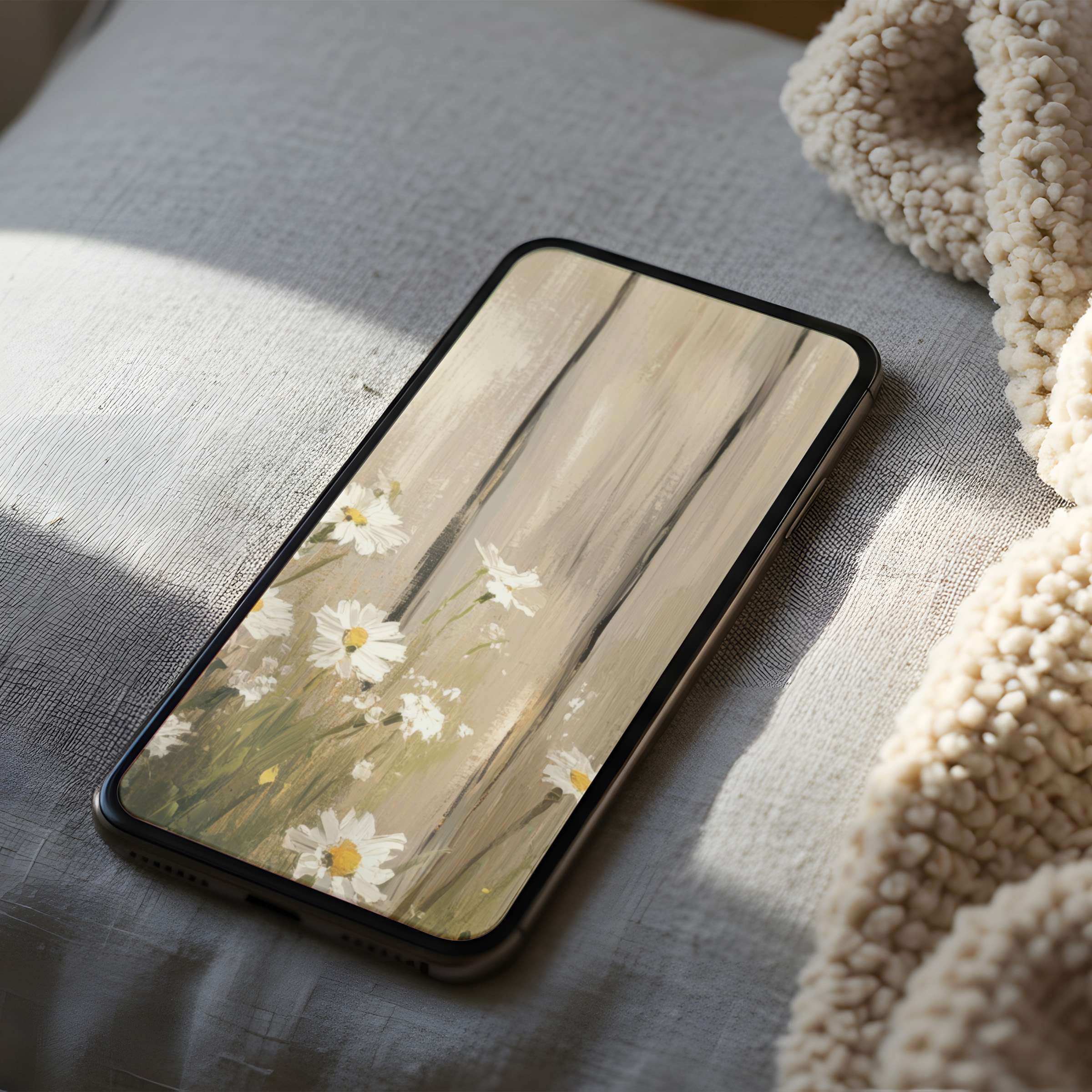 Soft floral phone wallpaper with daisies on a rustic background, offering high resolution for iPhone and Android, perfect for serene digital downloads