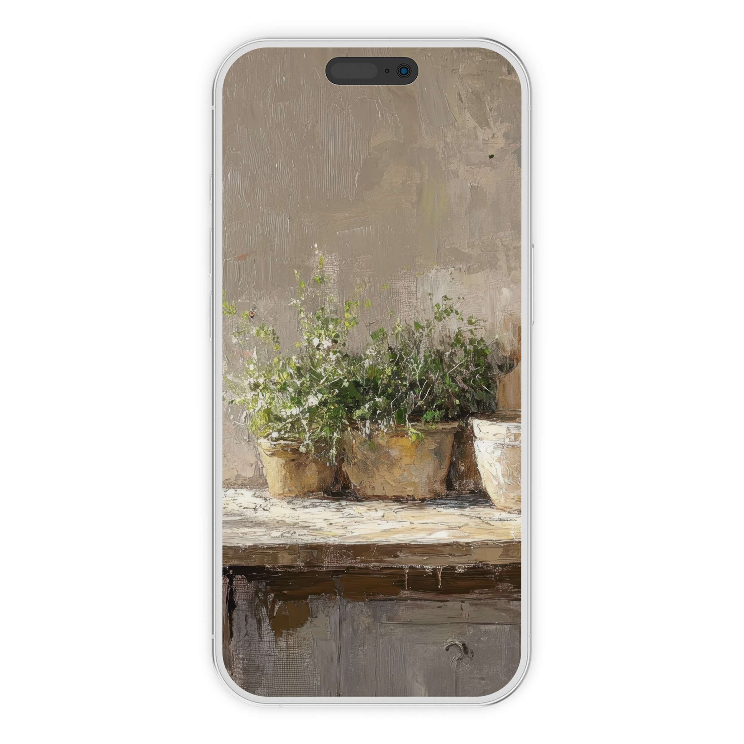 Elegant farmhouse iPhone wallpaper featuring rustic potted plants on a textured surface digital download for serene phone background