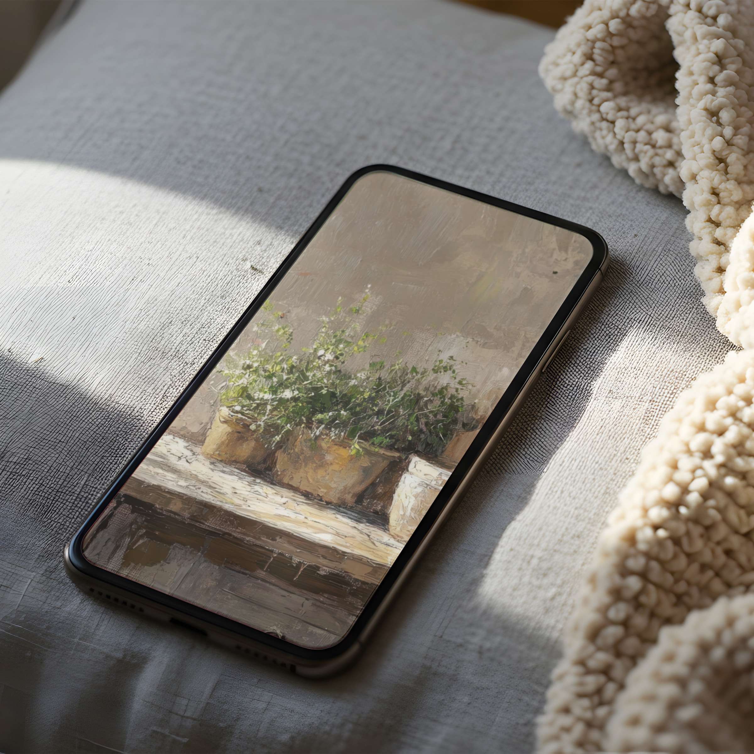 Elegant phone wallpaper featuring serene plant motif in soft, muted tones perfect for curated high-resolution iPhone and Android downloads