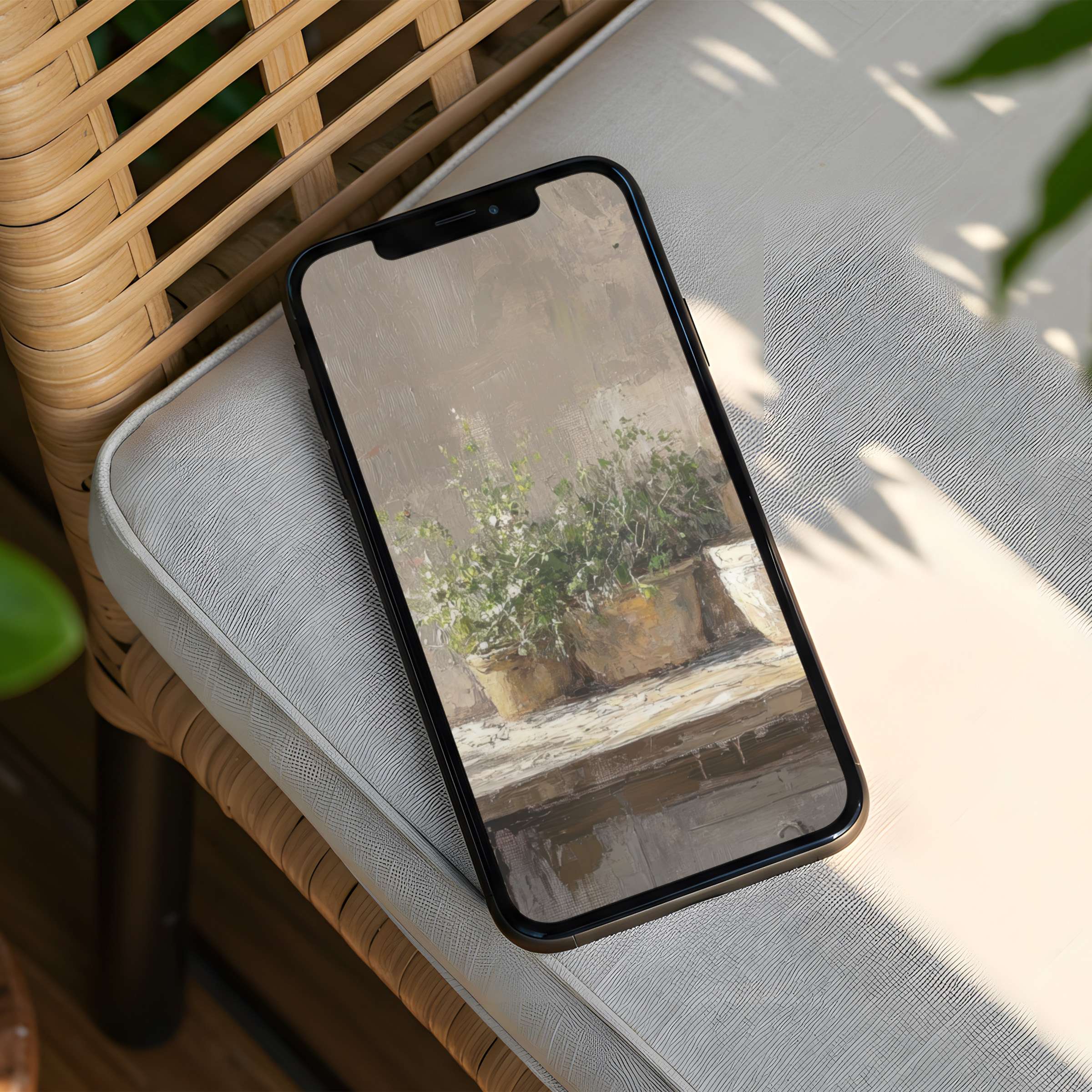 Elegant iPhone background featuring serene potted plants in a sunlit wicker setting instant download for iPhone and Android phone users