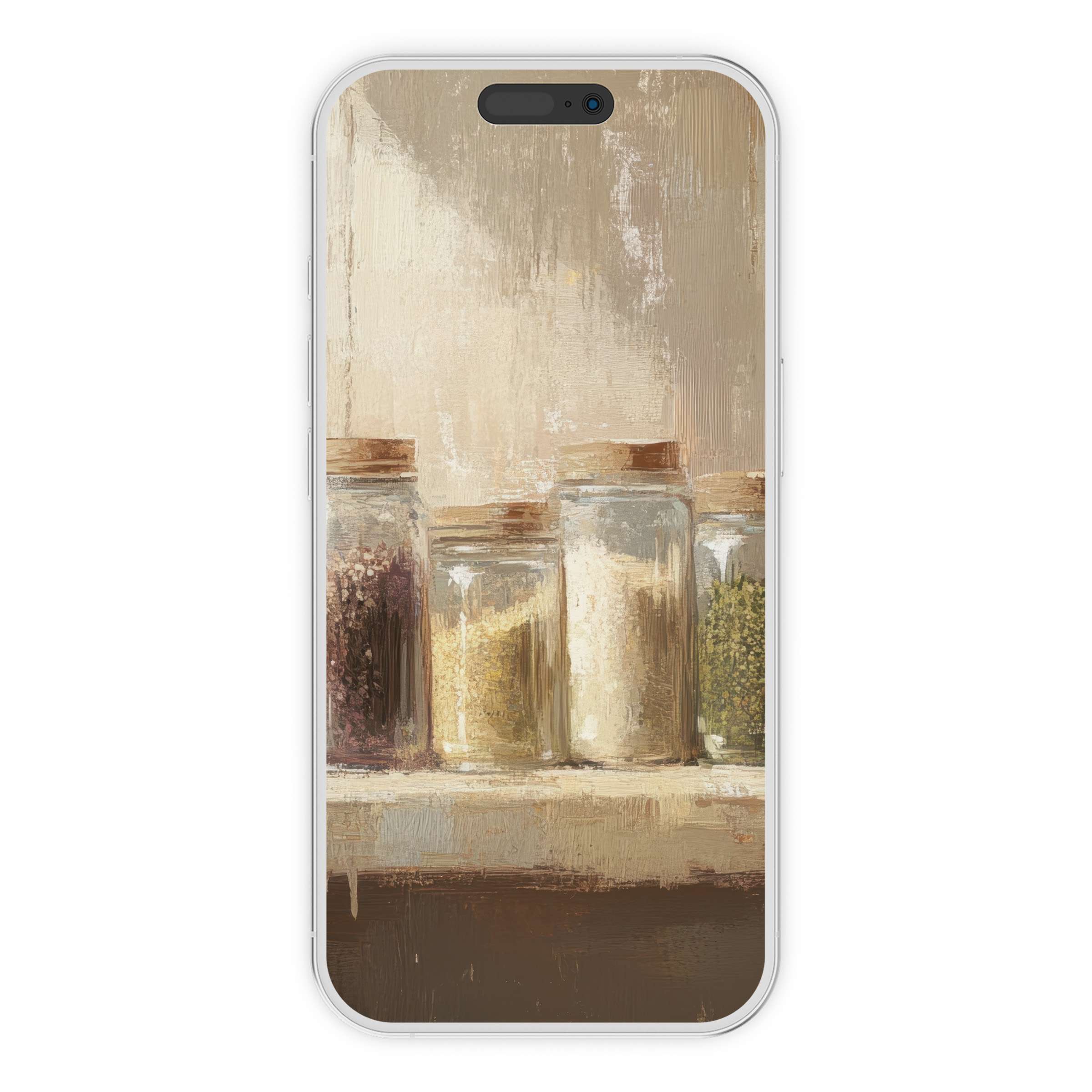 Farmhouse iPhone wallpaper digital download features rustic jars on a wooden shelf, perfect phone background for a calming, artistic touch