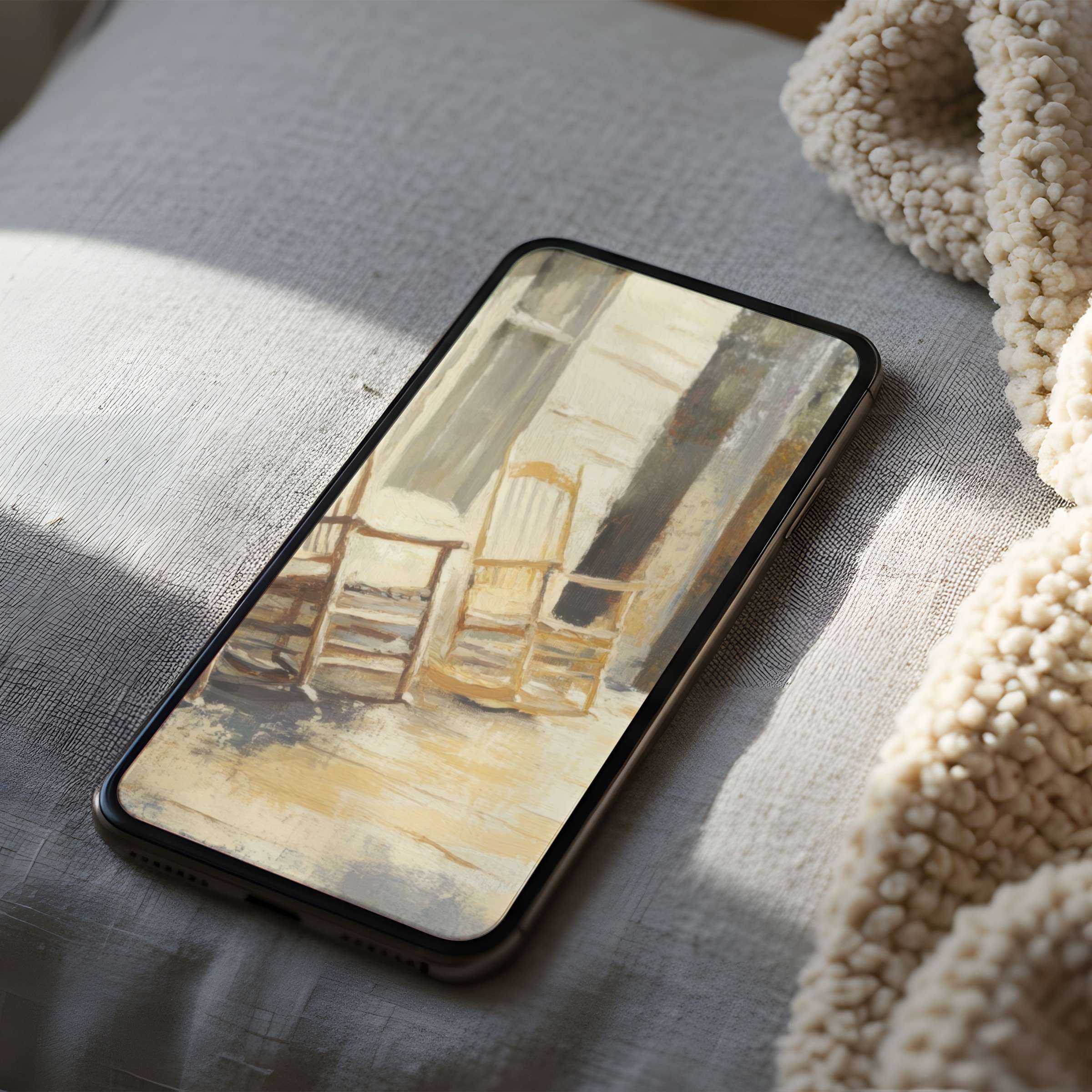 Elegant phone wallpaper featuring serene rocking chairs in soft earth tones perfect for iPhone and Android digital downloads