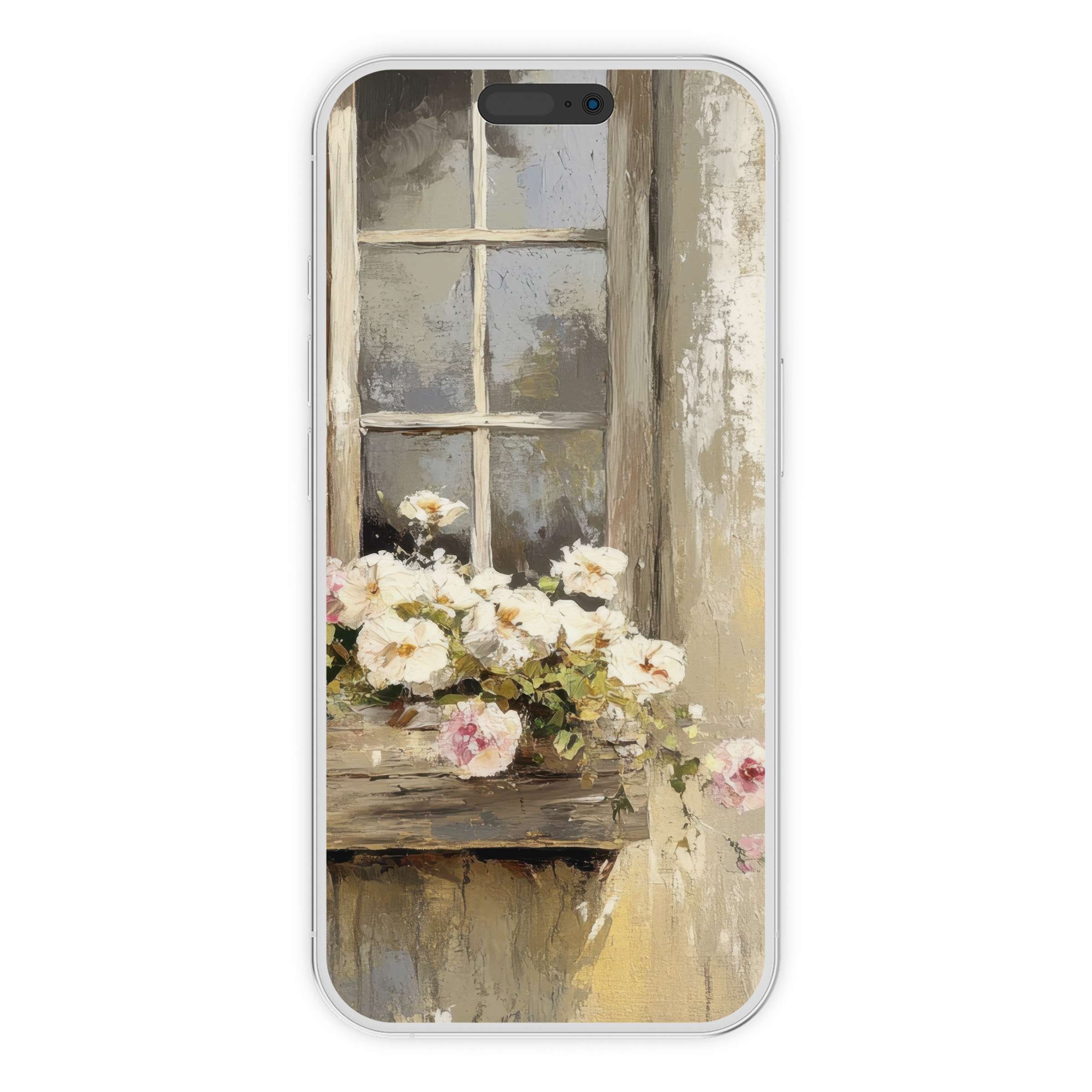 Farmhouse iPhone wallpaper with rustic floral window art offers a serene phone background for digital download suitable for all devices