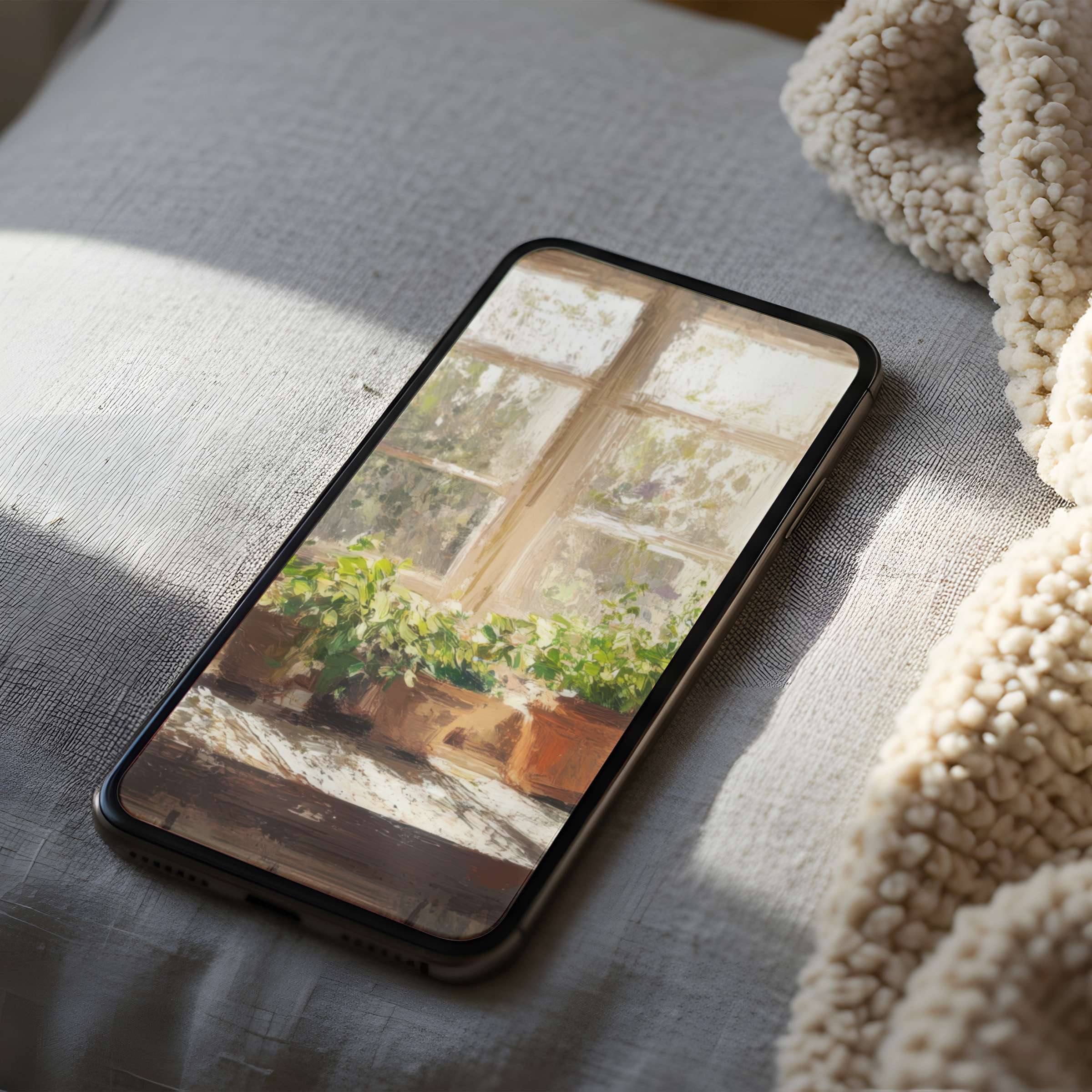 Elegant phone wallpaper featuring serene window scene and lush greenery in high resolution complements aesthetic digital downloads