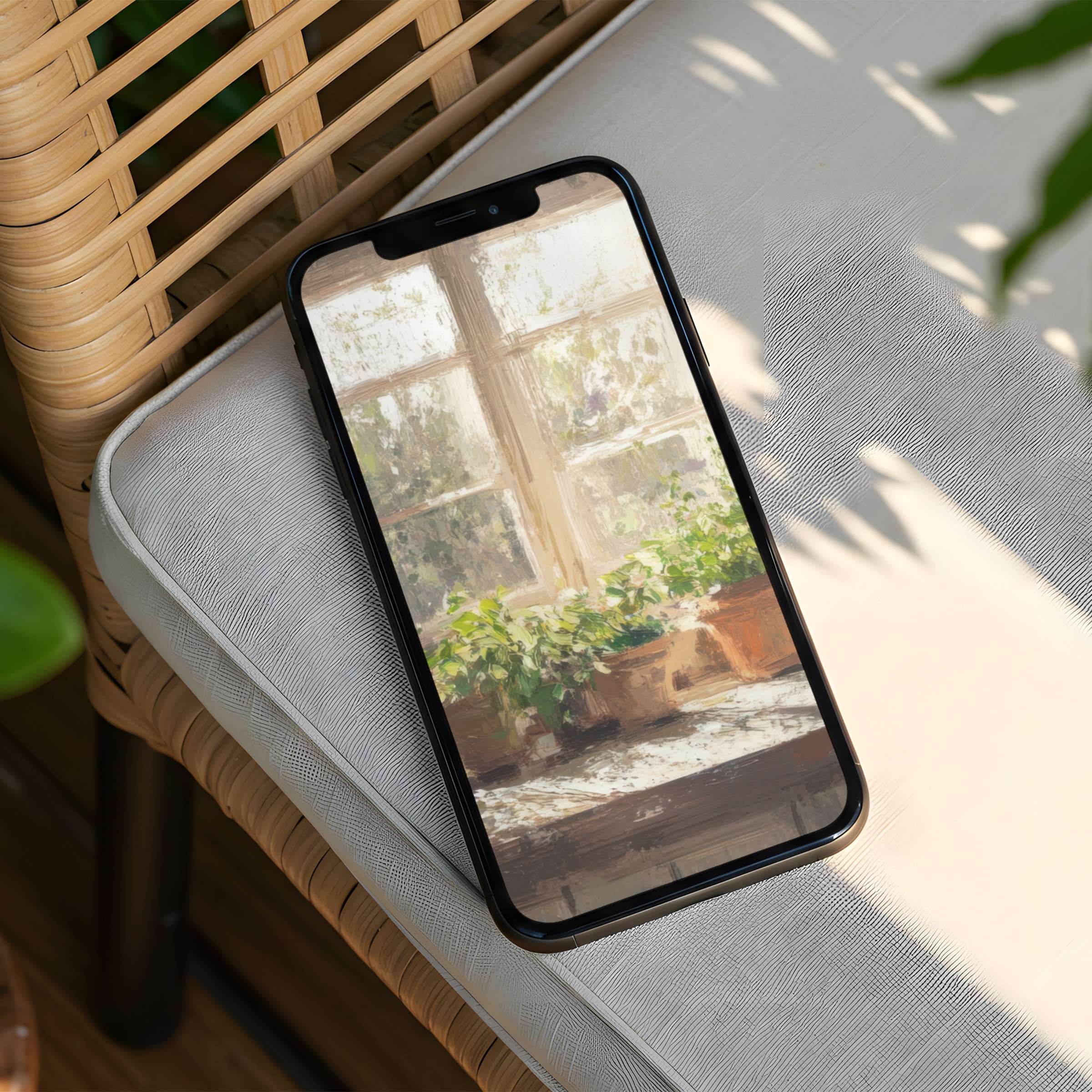 Serene iPhone background featuring sunlit window with lush plants for instant download on any phone inspiring calm and elegance