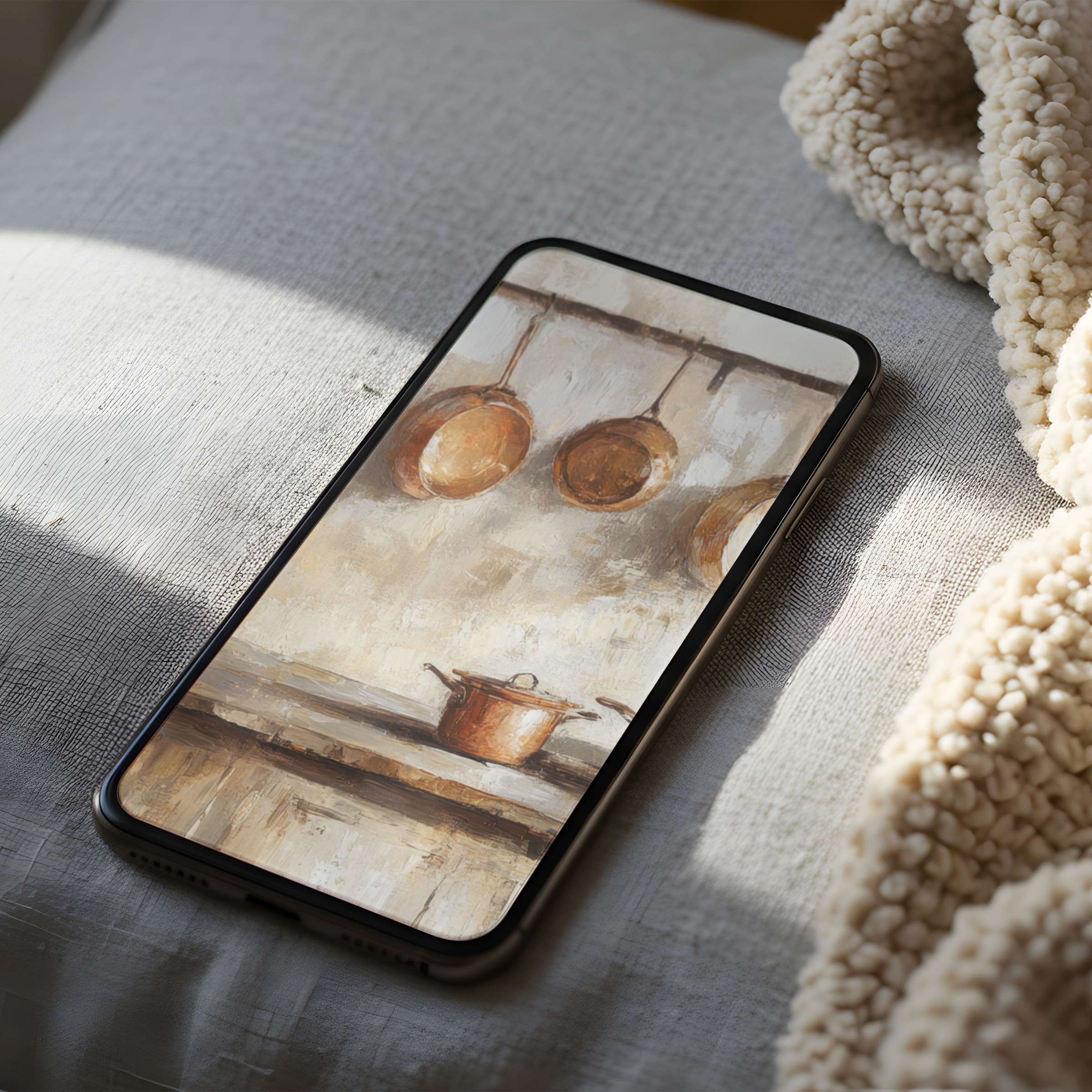 Cozy rustic kitchen art phone wallpaper with warm hues, perfect for high resolution digital download on iPhone and Android devices