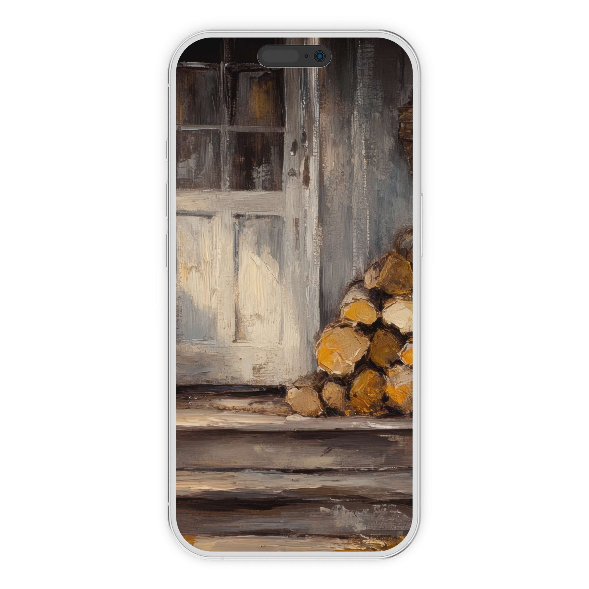 Farmhouse iPhone wallpaper with rustic door and logs in earthy tones offers an elegant, calming digital download phone background