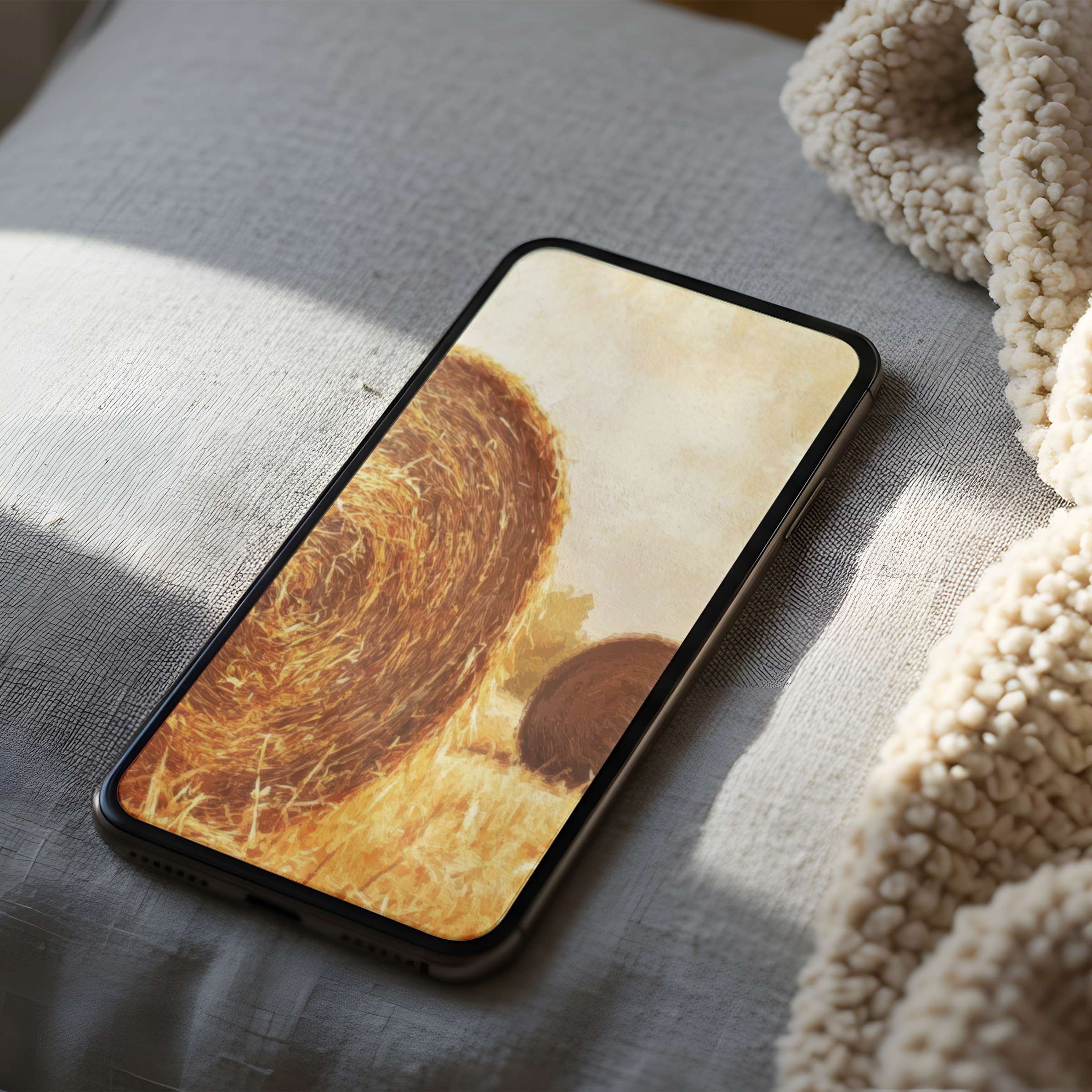 Serene phone wallpaper featuring haystacks in warm hues elegantly displayed on an iPhone suitable for digital download