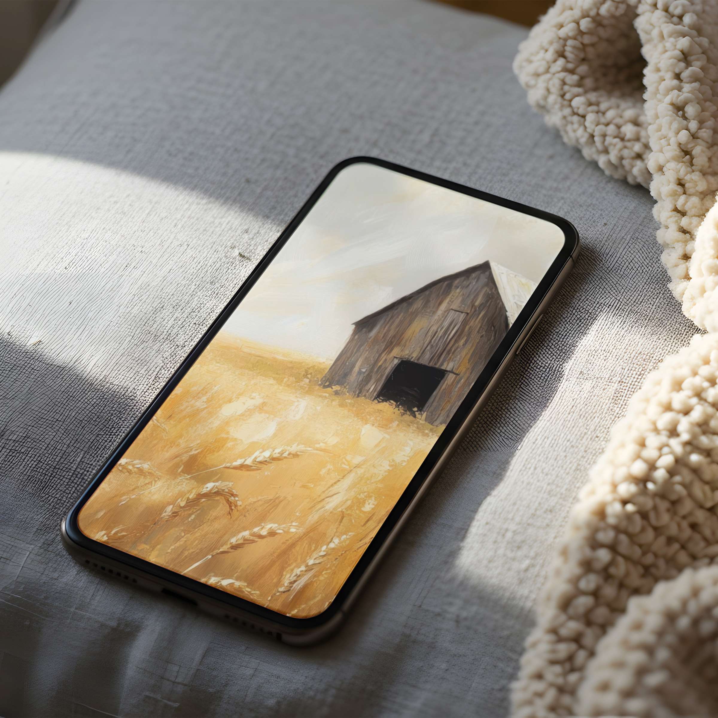 Serene rustic barn phone wallpaper in warm tones offers high-resolution elegance for iPhone and android phones, enhancing calm and style