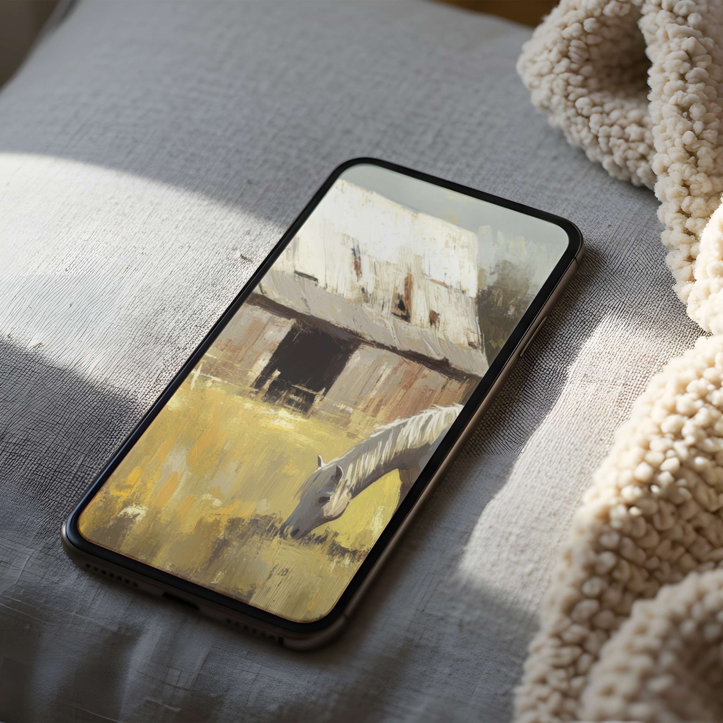 Elegant phone wallpaper featuring serene rustic barn and horse in warm tones high resolution digital download for iPhone and Android