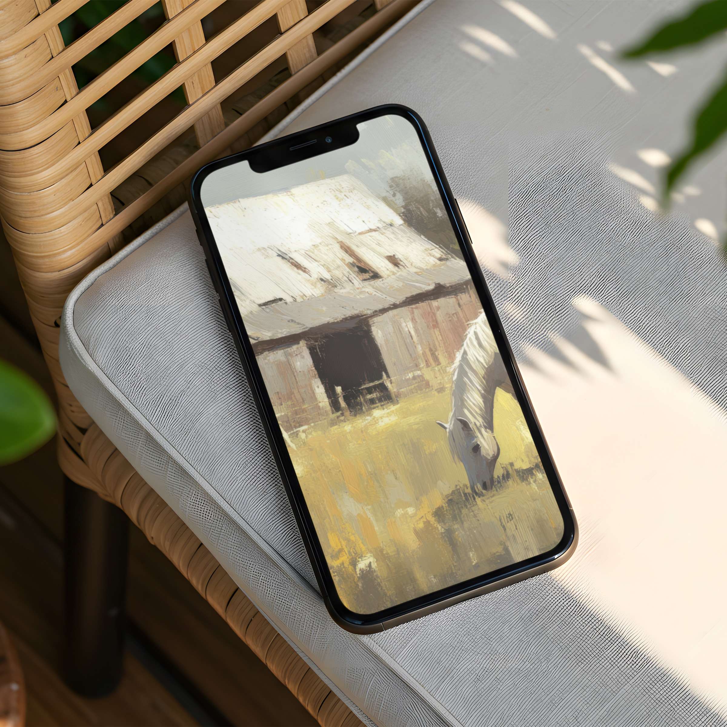 Elegant iPhone background featuring a serene barn and white horse painting for instant download to inspire mindfulness on your phone