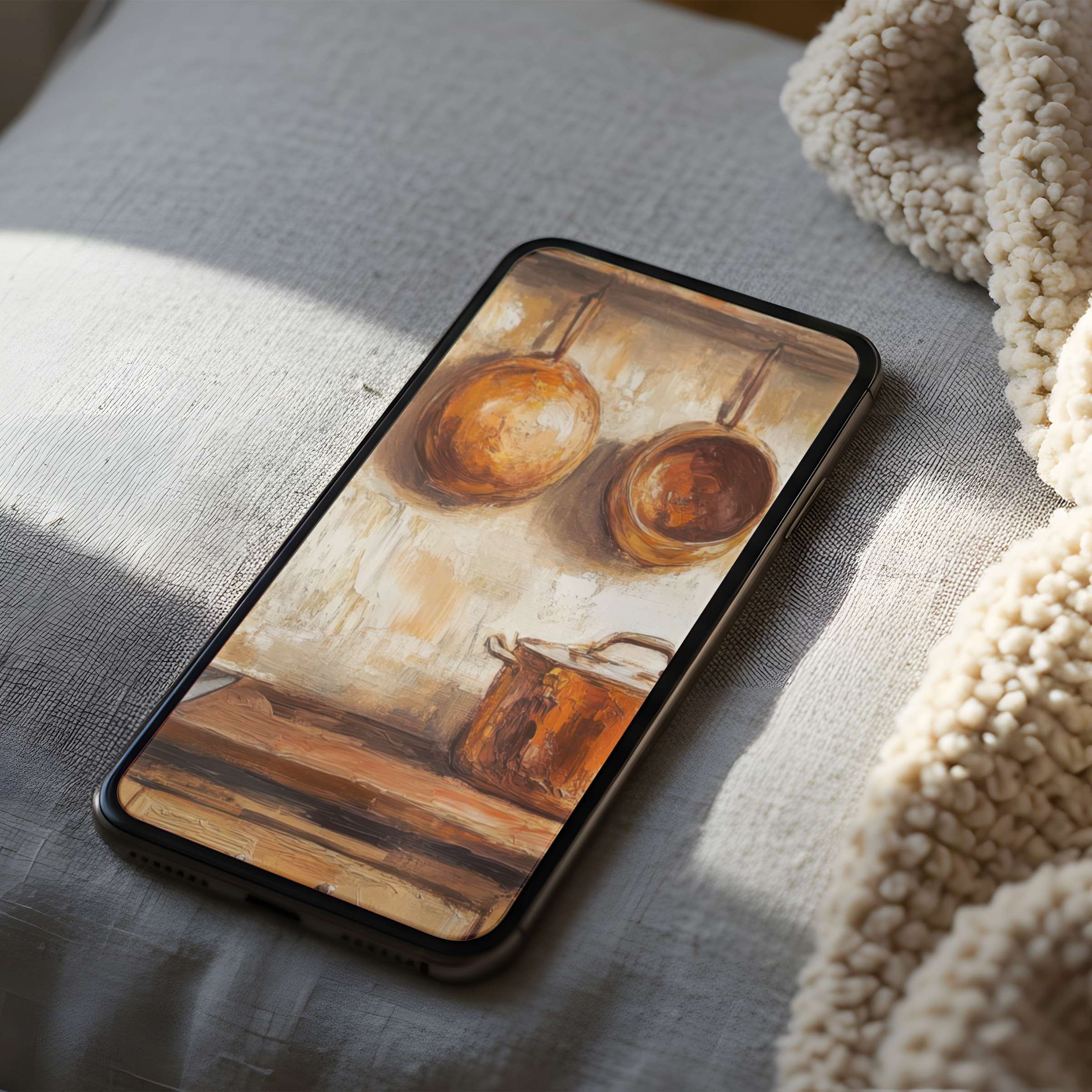Warm-toned digital art phone wallpaper with rustic cookware motif offers high-resolution elegance, perfect for iPhone and Android users seeking tranquility