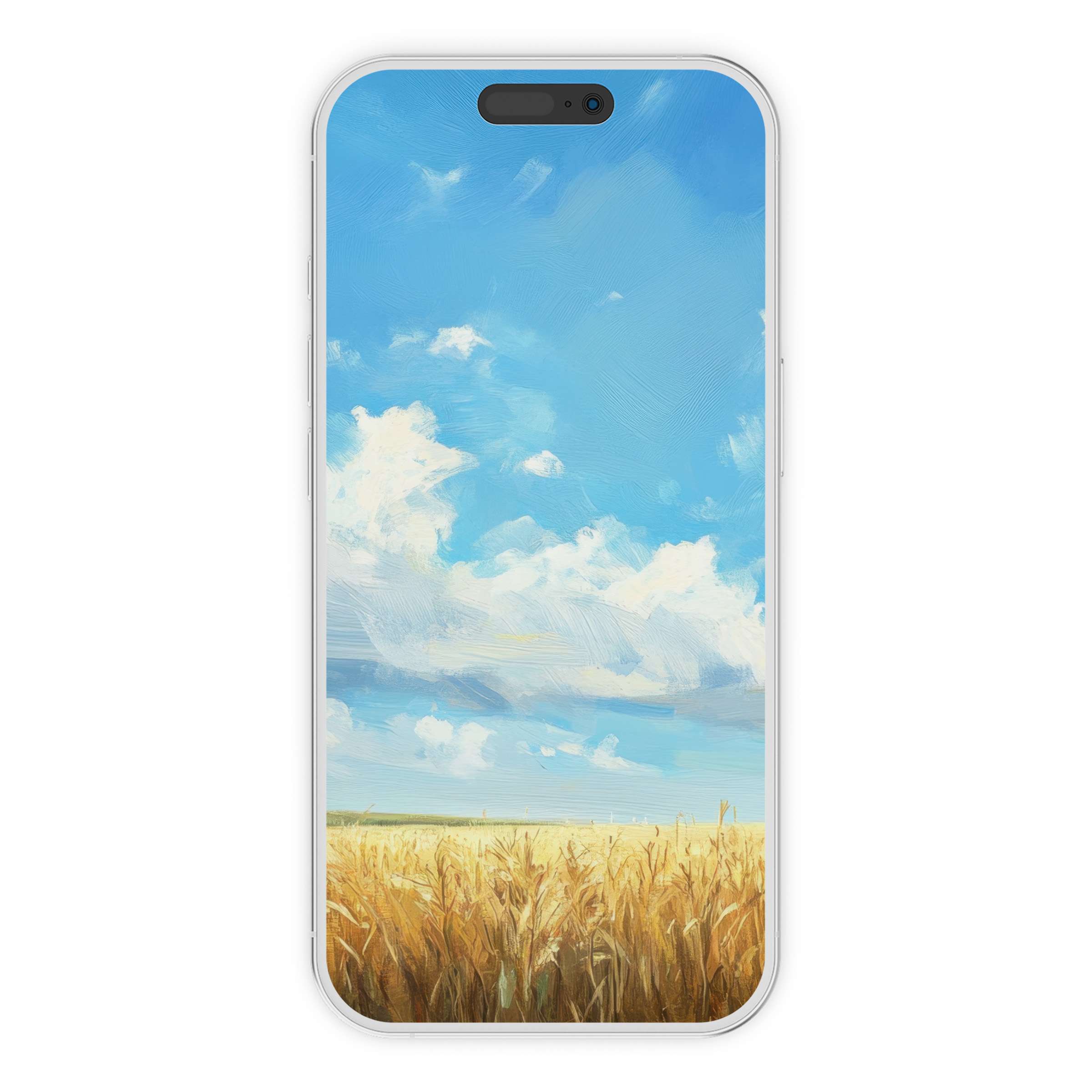 Farmhouse iPhone wallpaper with serene wheat fields under a bright blue sky digital download perfect phone background art for all devices