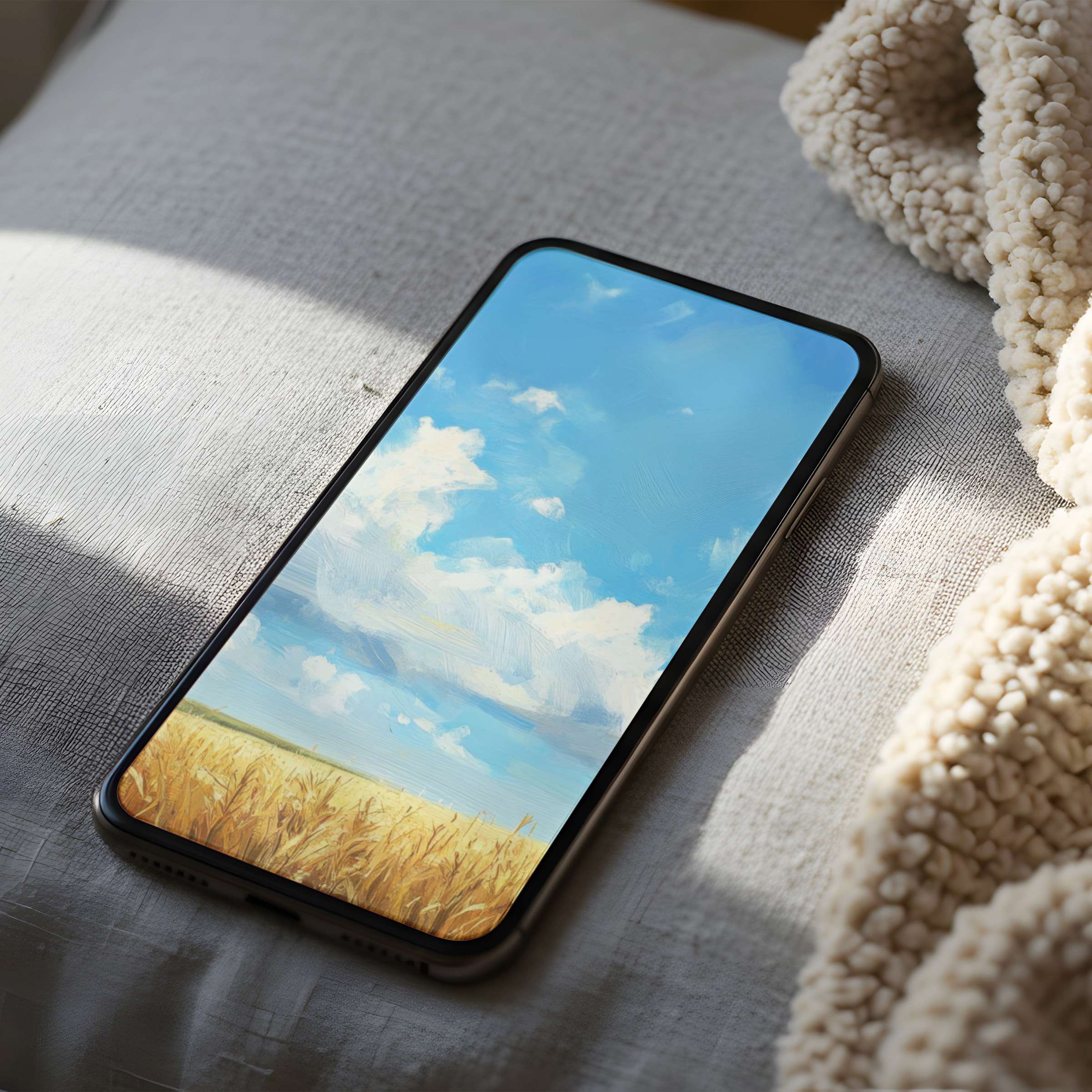 Bright sky and golden wheat field phone wallpaper on iPhone offers serene elegance, perfect digital download for all devices