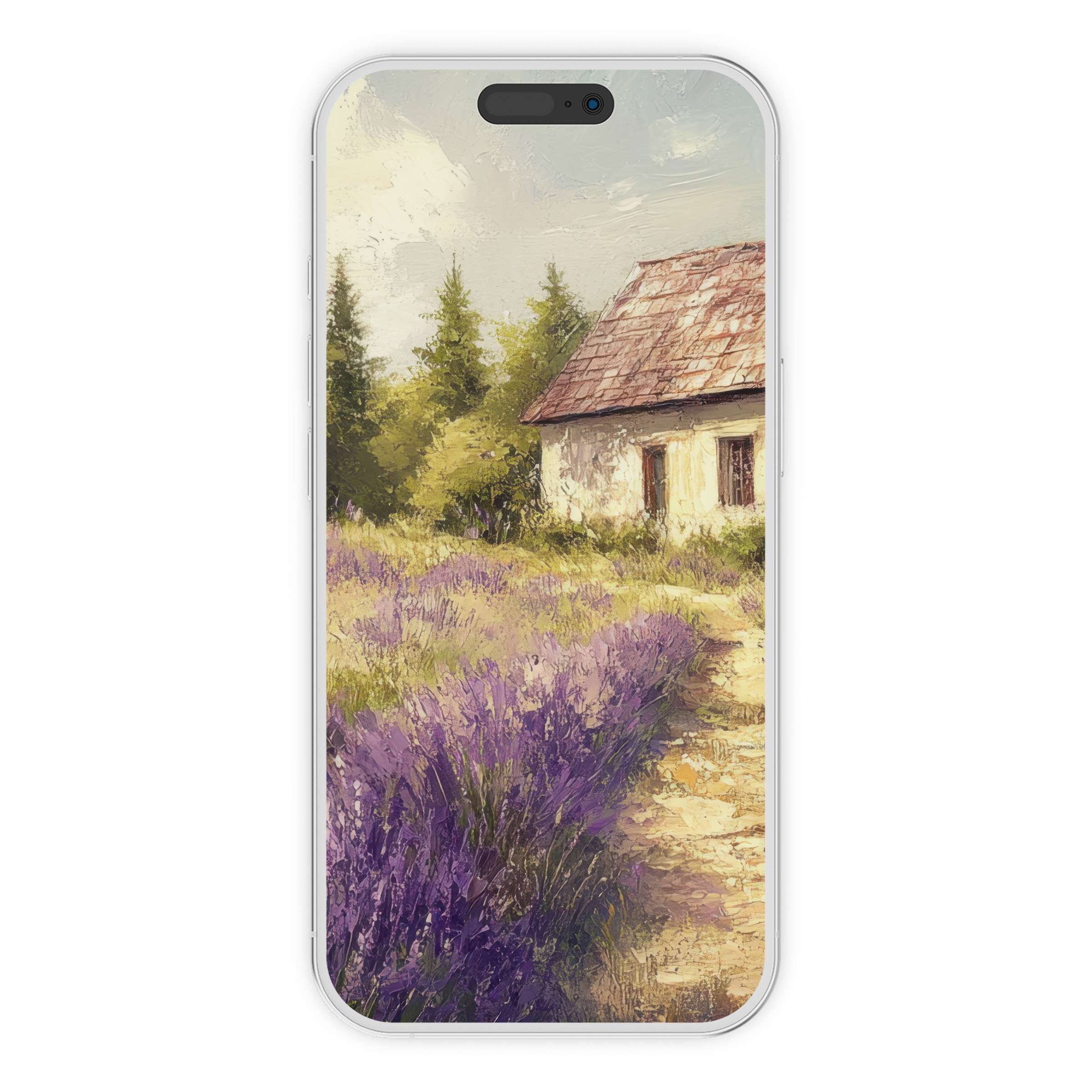 Farmhouse iPhone wallpaper digital download with serene cottage and lavender fields for phone background calming rustic charm