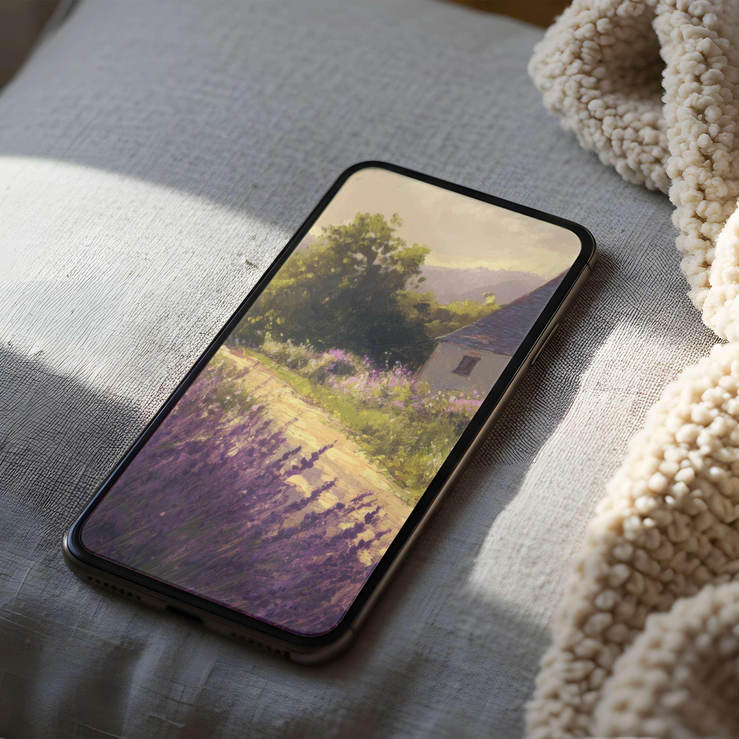 Elegant phone wallpaper of a sunlit rural path with lavender fields in high resolution, perfect for iPhone and Android digital download