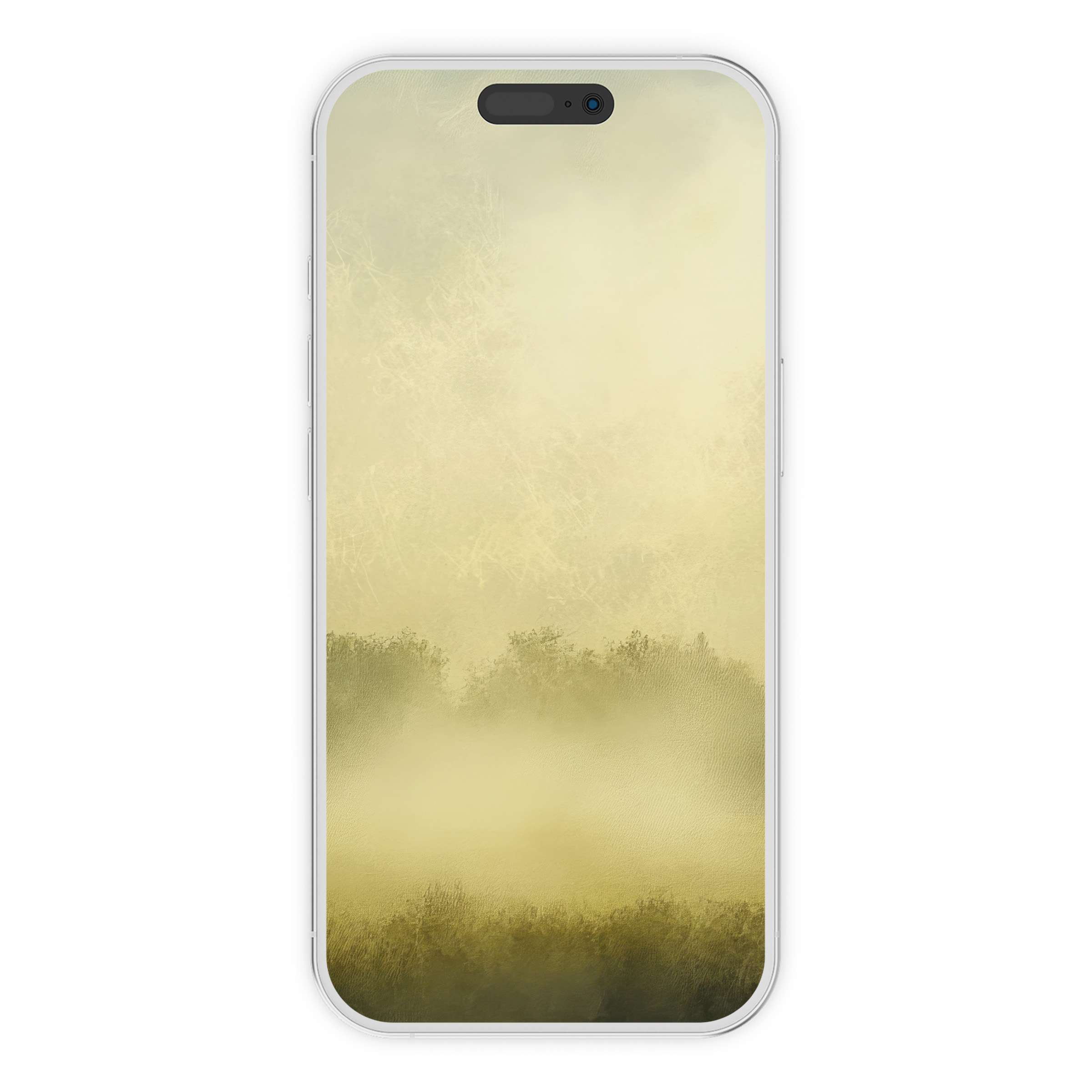 Farmhouse iPhone wallpaper evokes tranquility with misty fields in soft hues, perfect digital download for elegant phone backgrounds