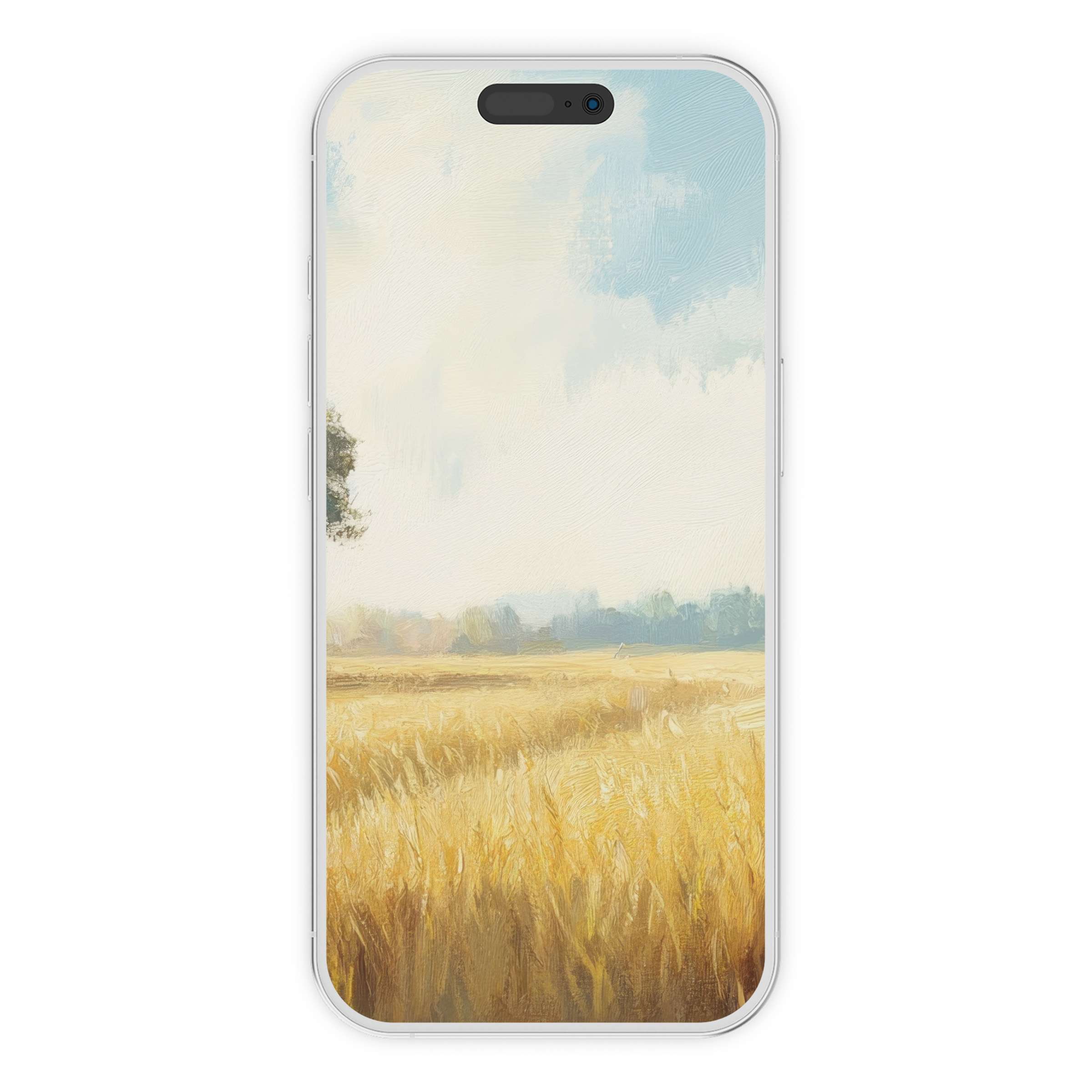 Farmhouse iPhone wallpaper digital download with serene field painting in warm earthy hues for a calming phone background
