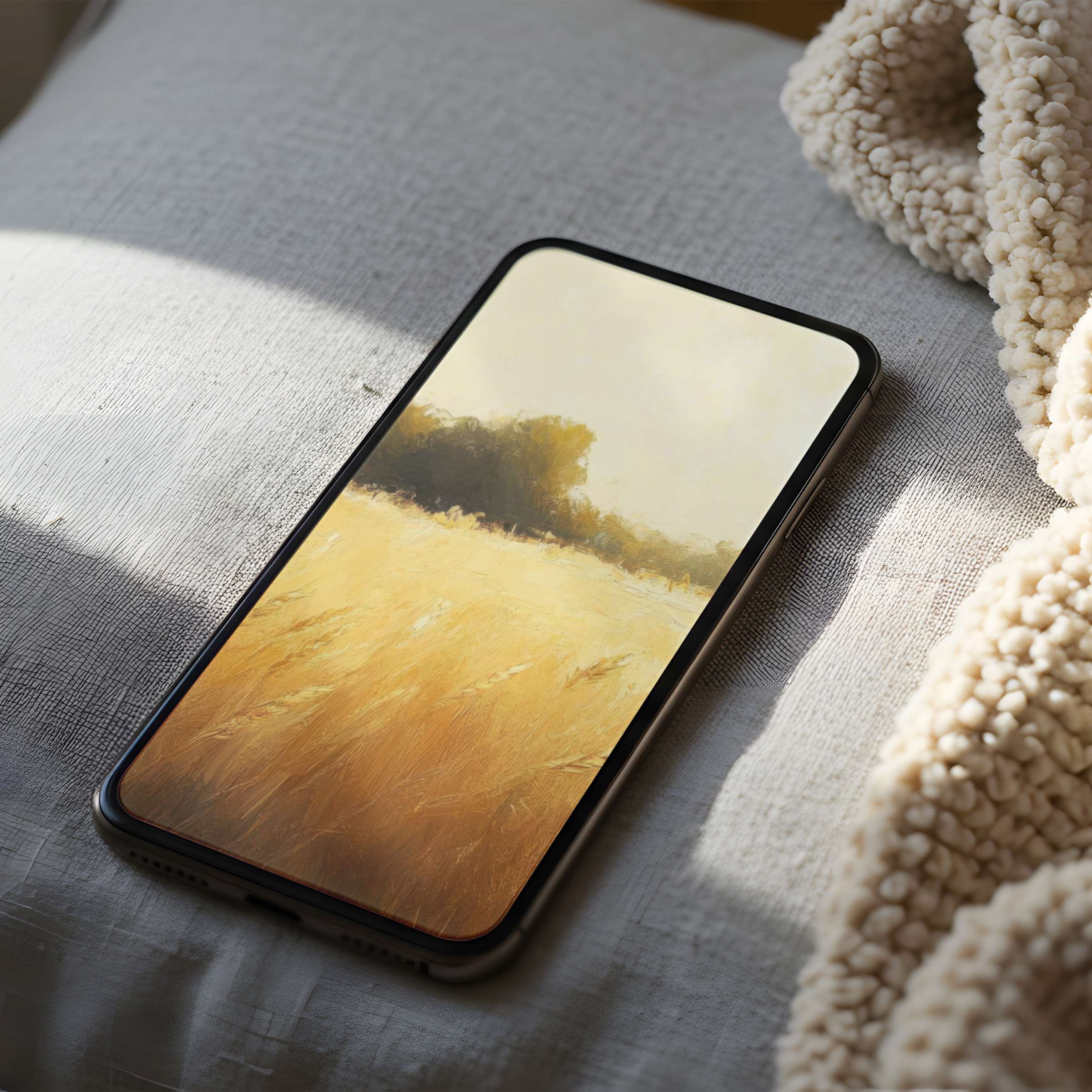 Tranquil wheat field phone wallpaper offers high resolution elegance for iPhone and Android users seeking sustainability in digital art
