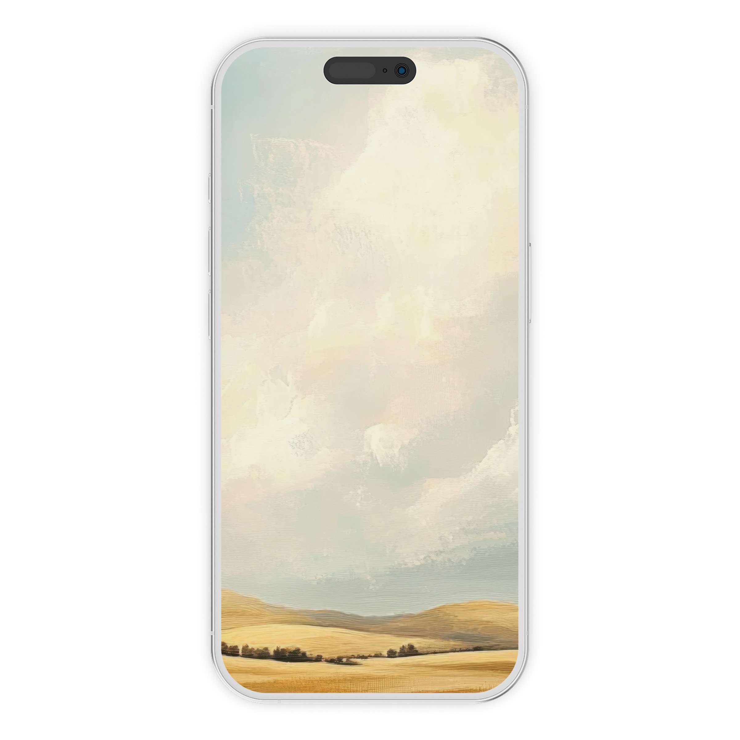 Farmhouse iPhone wallpaper offers a serene, pastel sky and golden field background, perfect digital download for phone harmony and style