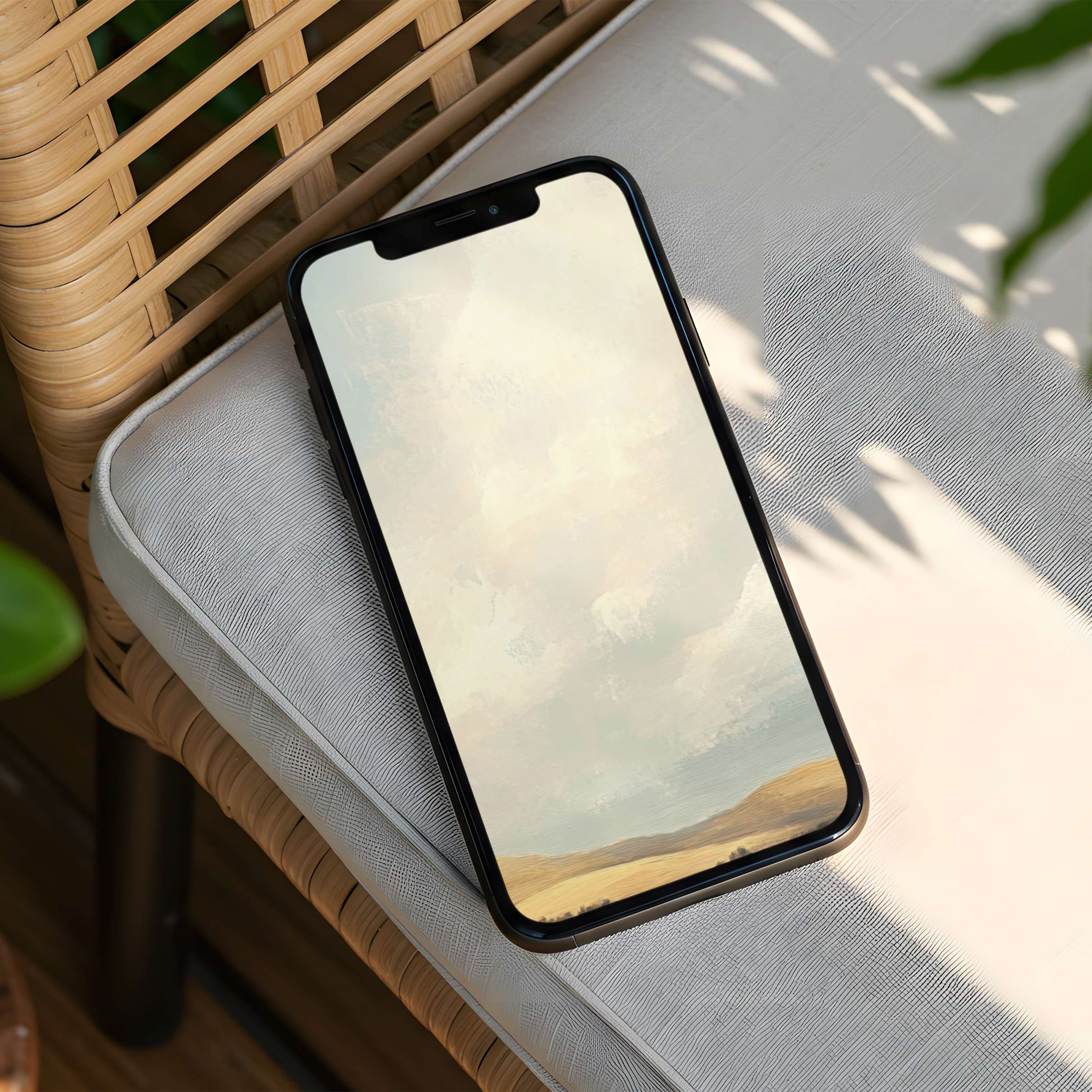 Elegant iPhone background with soft pastel landscape offers mindfulness and calm for instant download on any phone