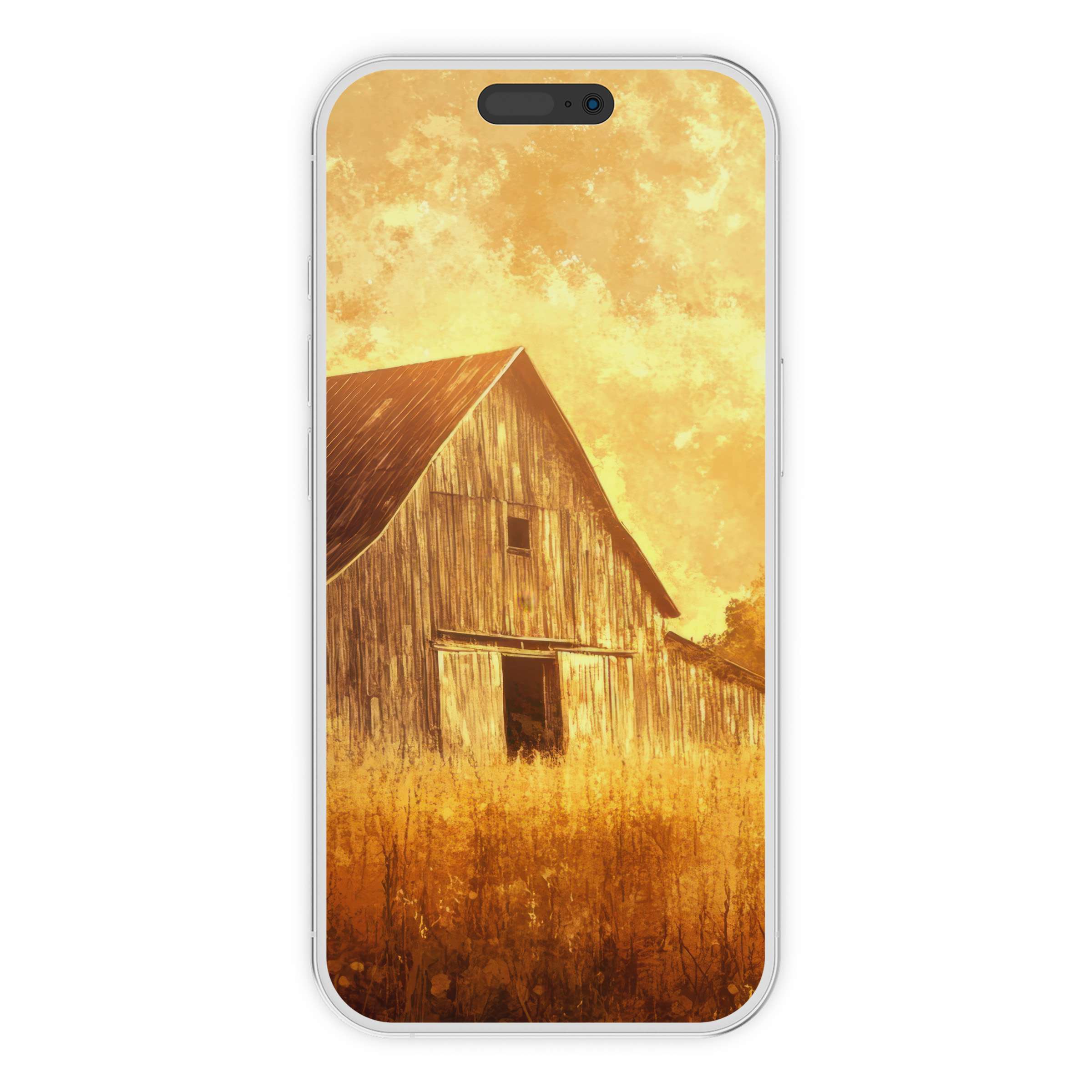 Warm farmhouse iPhone wallpaper features an enchanting rustic barn under a golden sky offering a serene phone background digital download