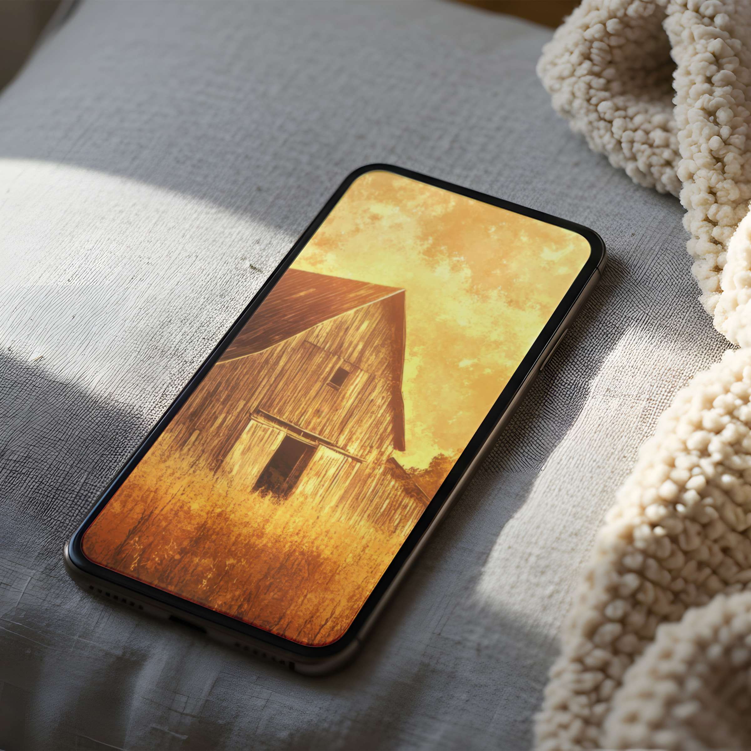 Curated phone wallpaper of a rustic barn under a warm sunset, offering serene elegance for iPhone and Android digital download