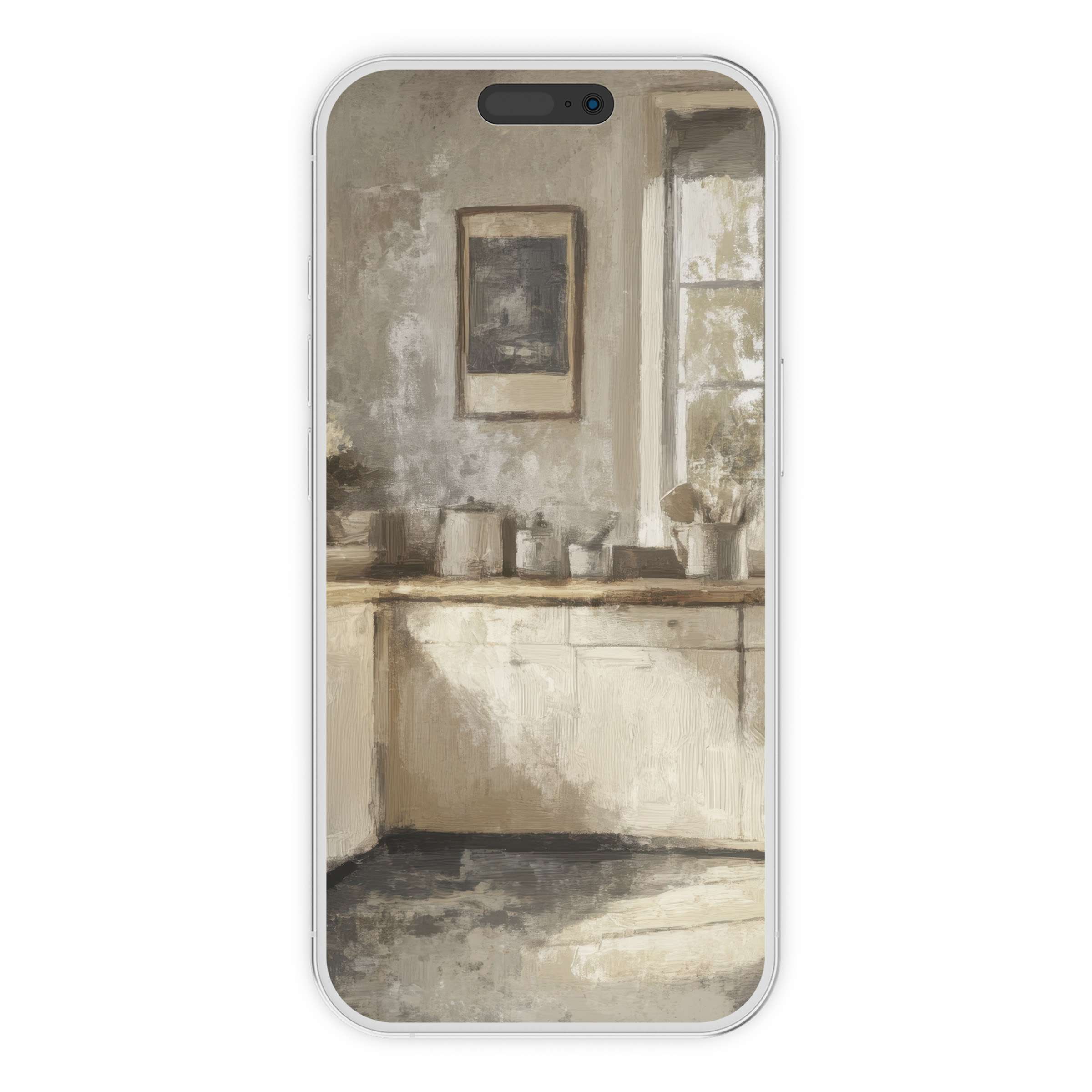 Farmhouse iPhone wallpaper digital download featuring serene beige tones and rustic textures, ideal phone background for calm elegance