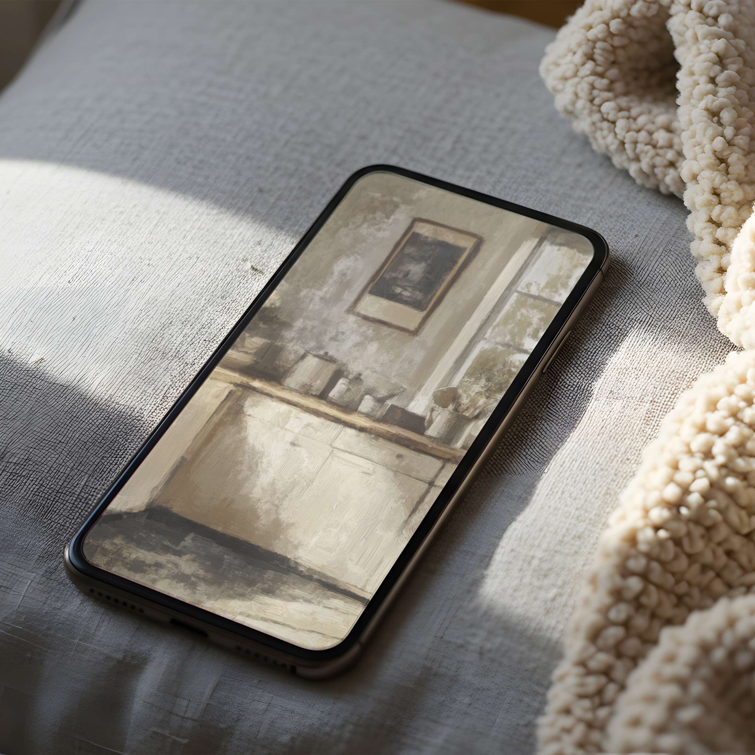 High resolution phone wallpaper featuring a serene abstract interior in soothing tones perfect for iPhone and Android digital download