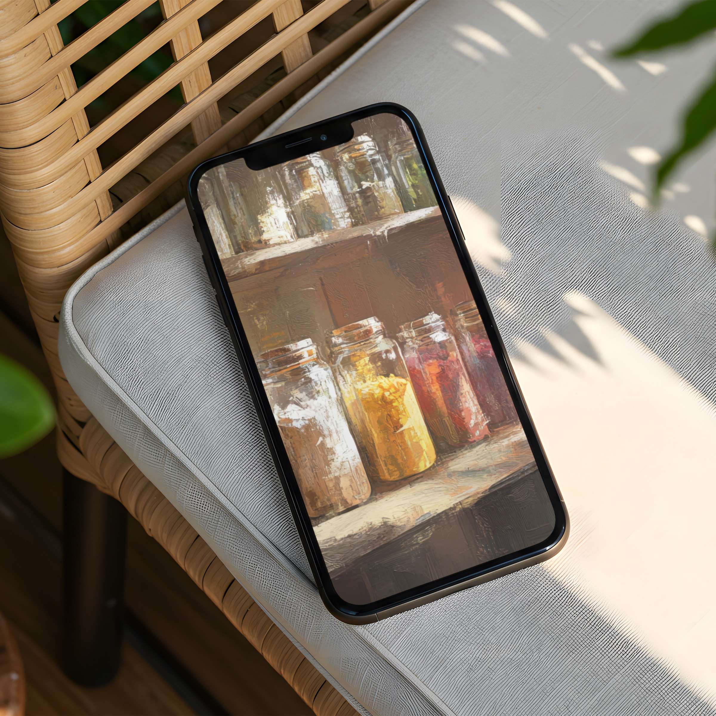 Artistic iPhone background with rustic jars offers calm elegance and inspiration as an instant download for your phone