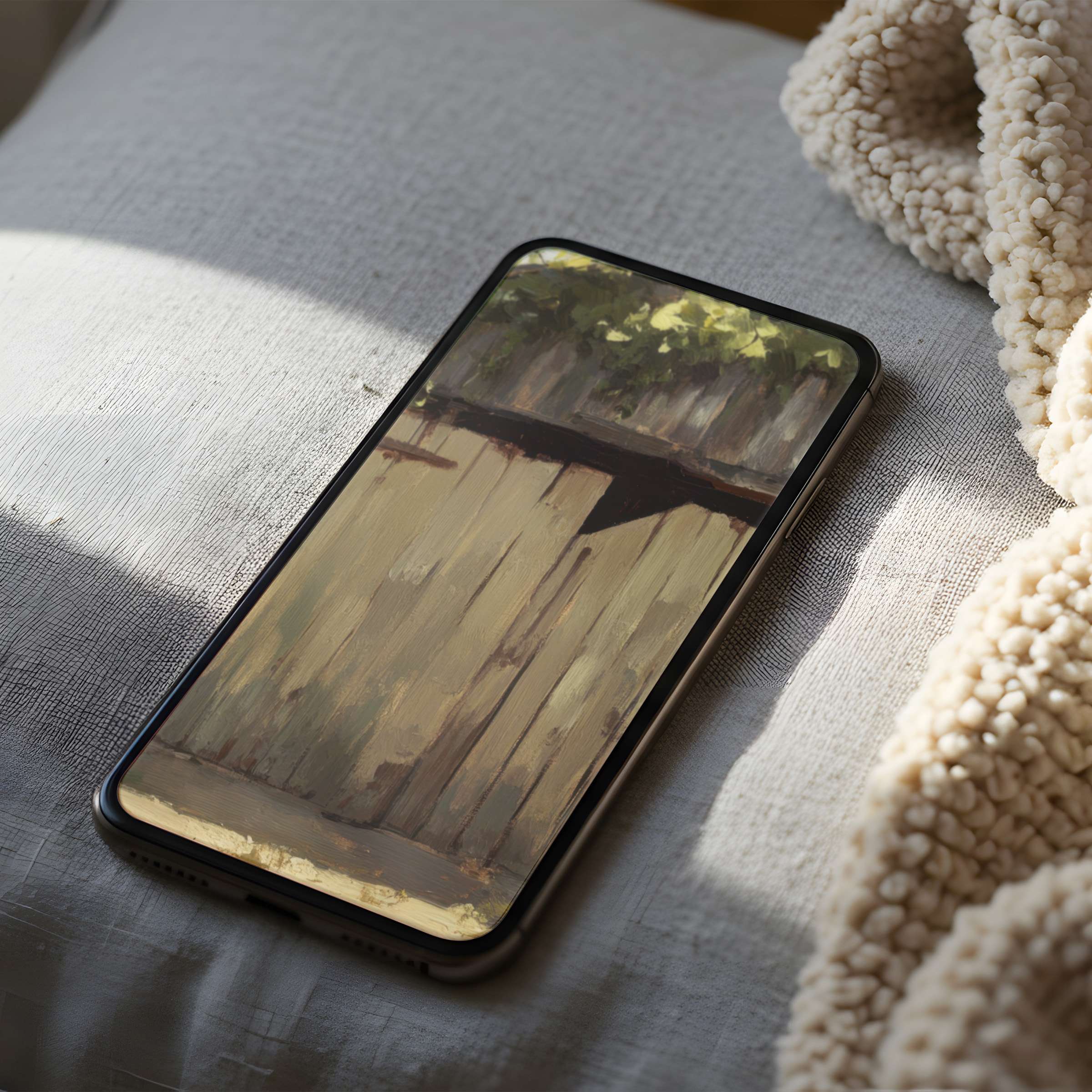 Calm, high-resolution phone wallpaper featuring a rustic fence motif with earthy tones, perfect for iPhone and Android digital download