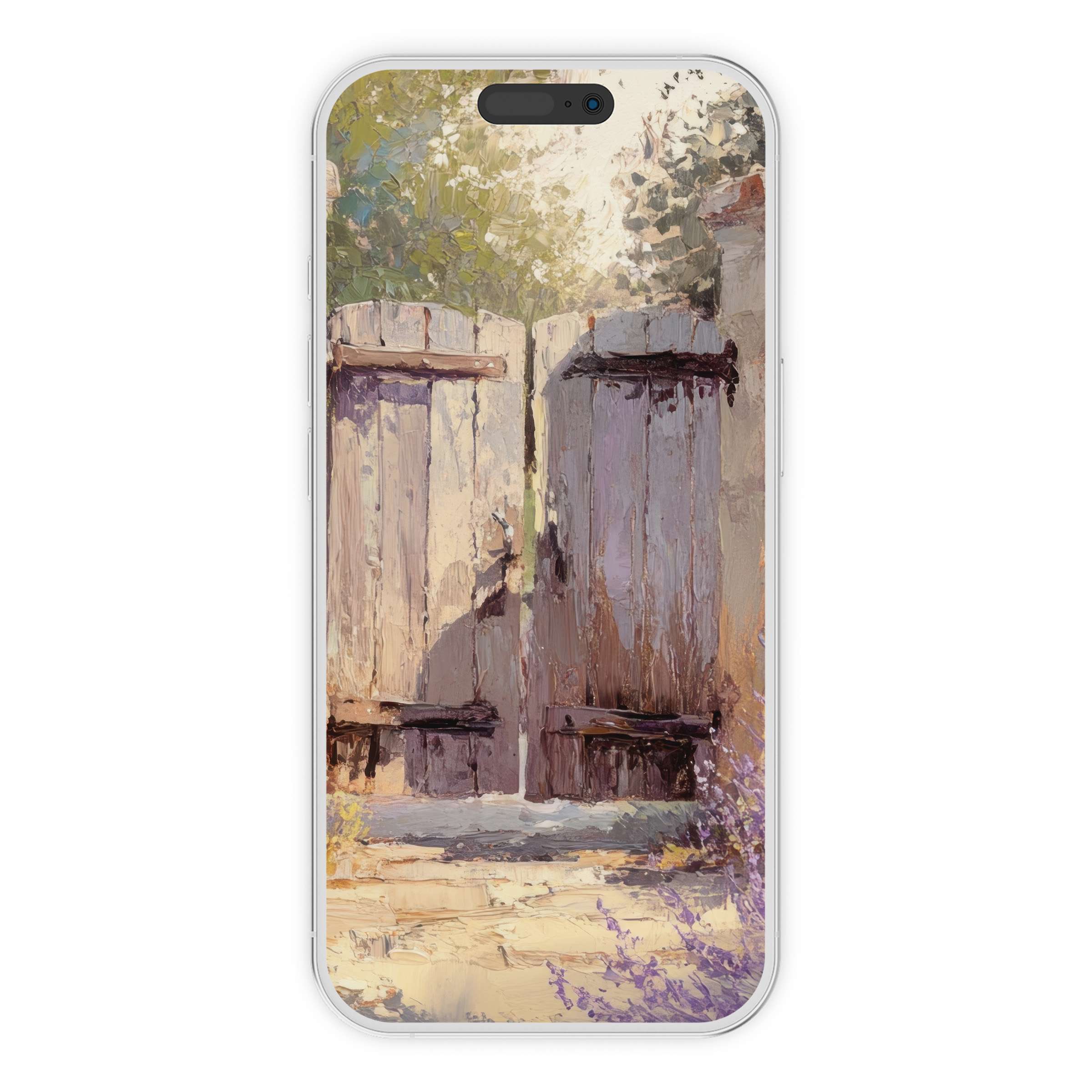 Farmhouse iPhone wallpaper showcasing rustic wooden gate with lush foliage digital download for serene phone background ambiance