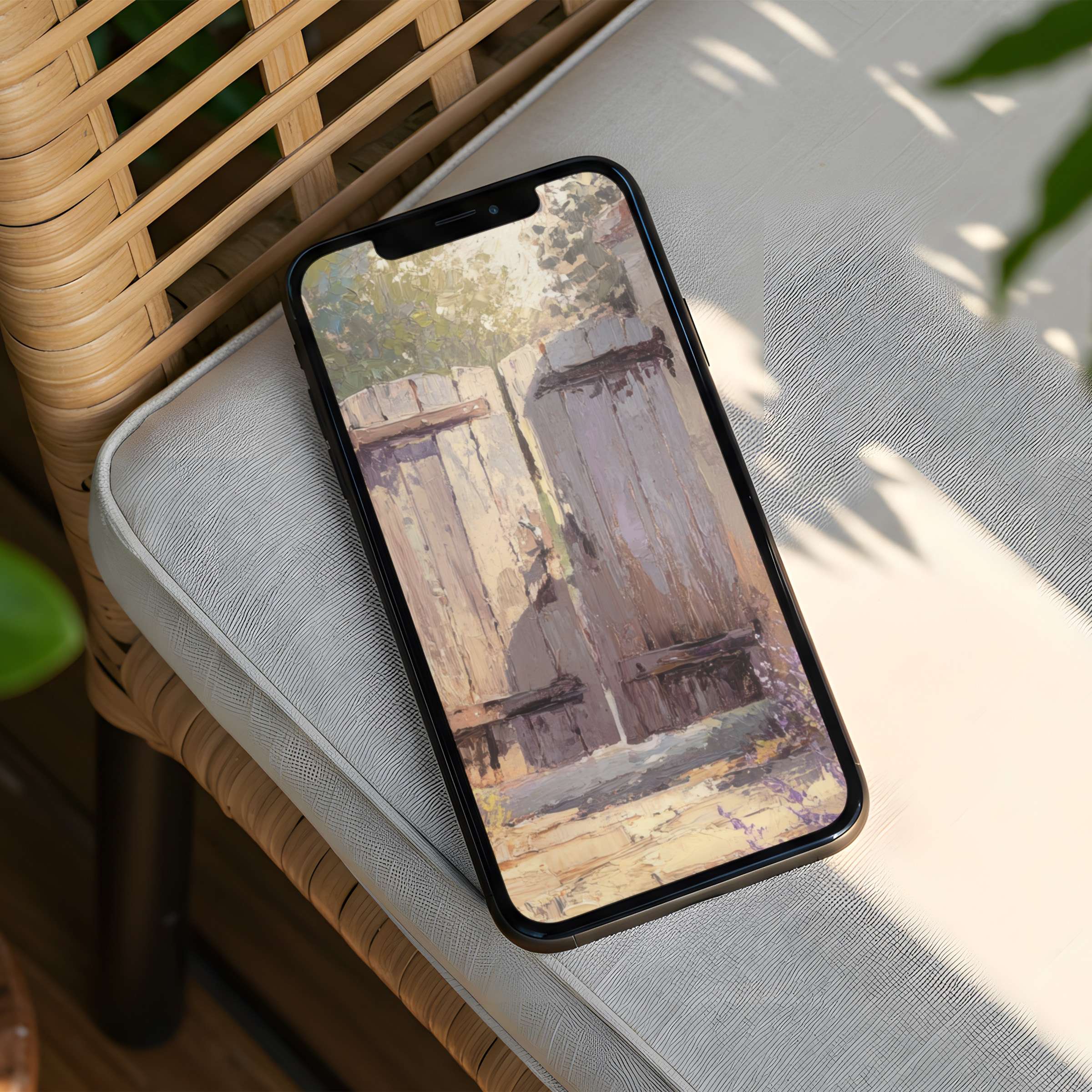 Elegant iPhone background featuring rustic wooden gates on phone screen with warm tones for instant download and mindful ambiance