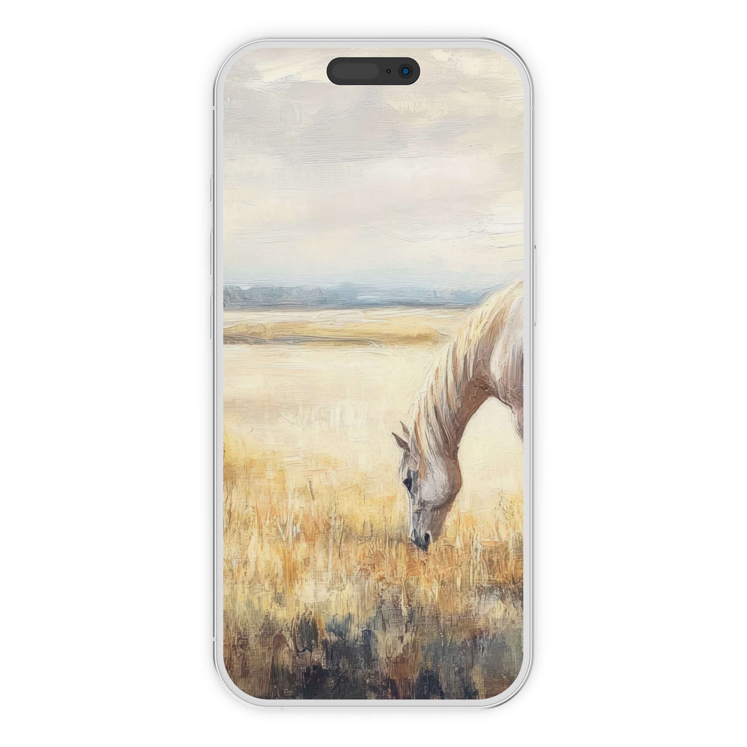Elegant farmhouse iPhone wallpaper with serene horse painting, ideal digital download for phone background, exuding calm beauty