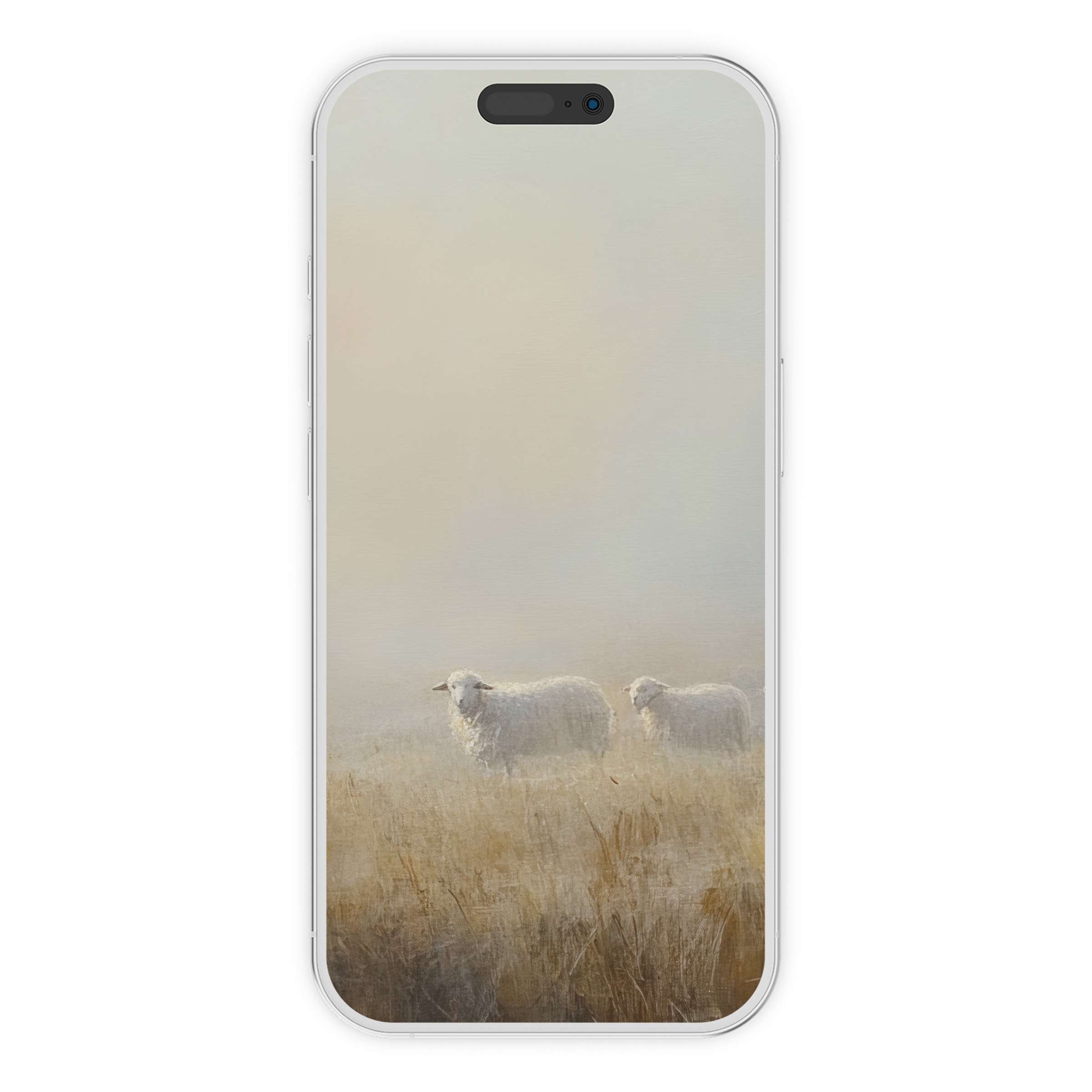 Serene farmhouse iPhone wallpaper with soft sheep in misty fields, offering an elegant digital download phone background for tranquility