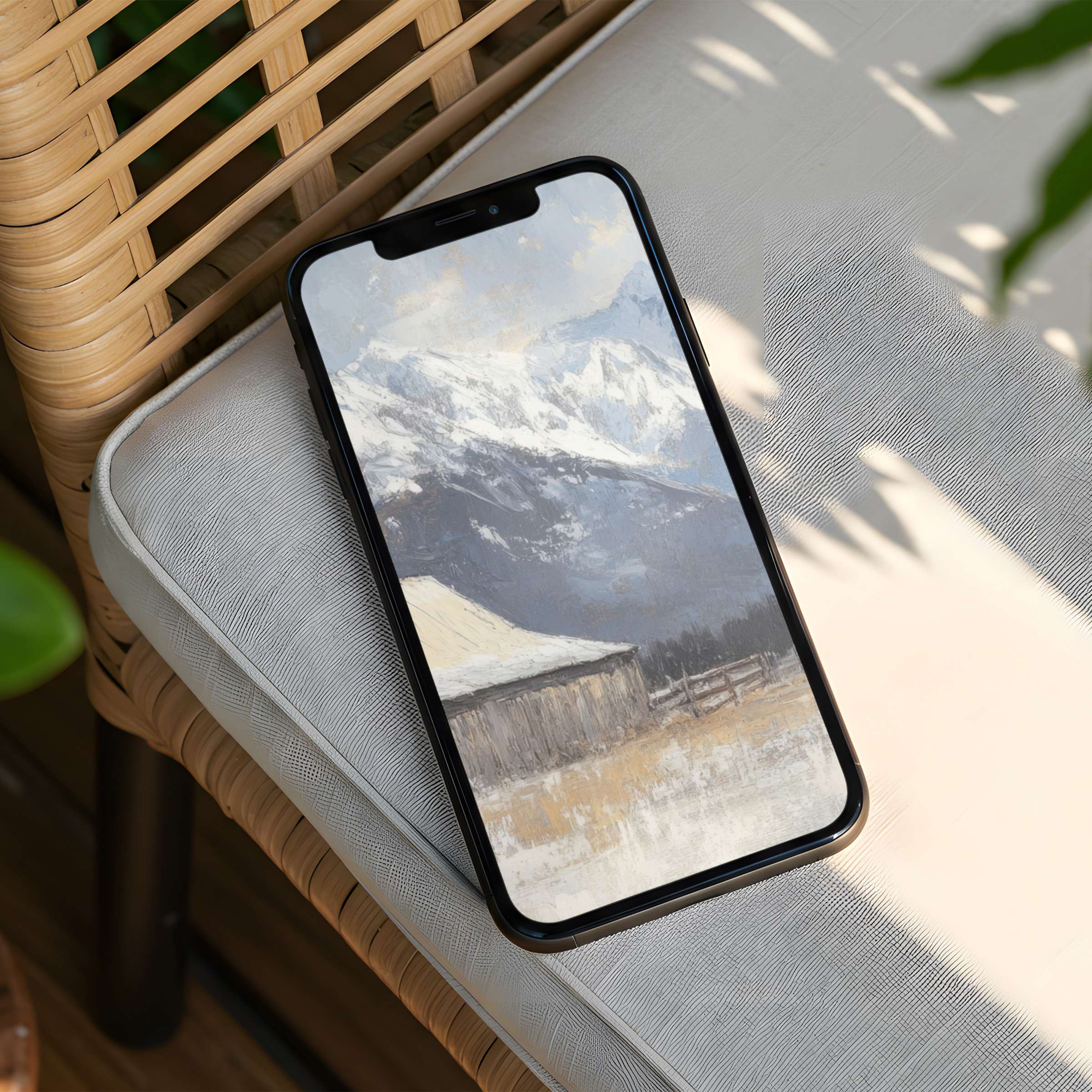 Artistic iPhone background with serene mountain scene and rustic barn offers instant download for phone serenity and elegance