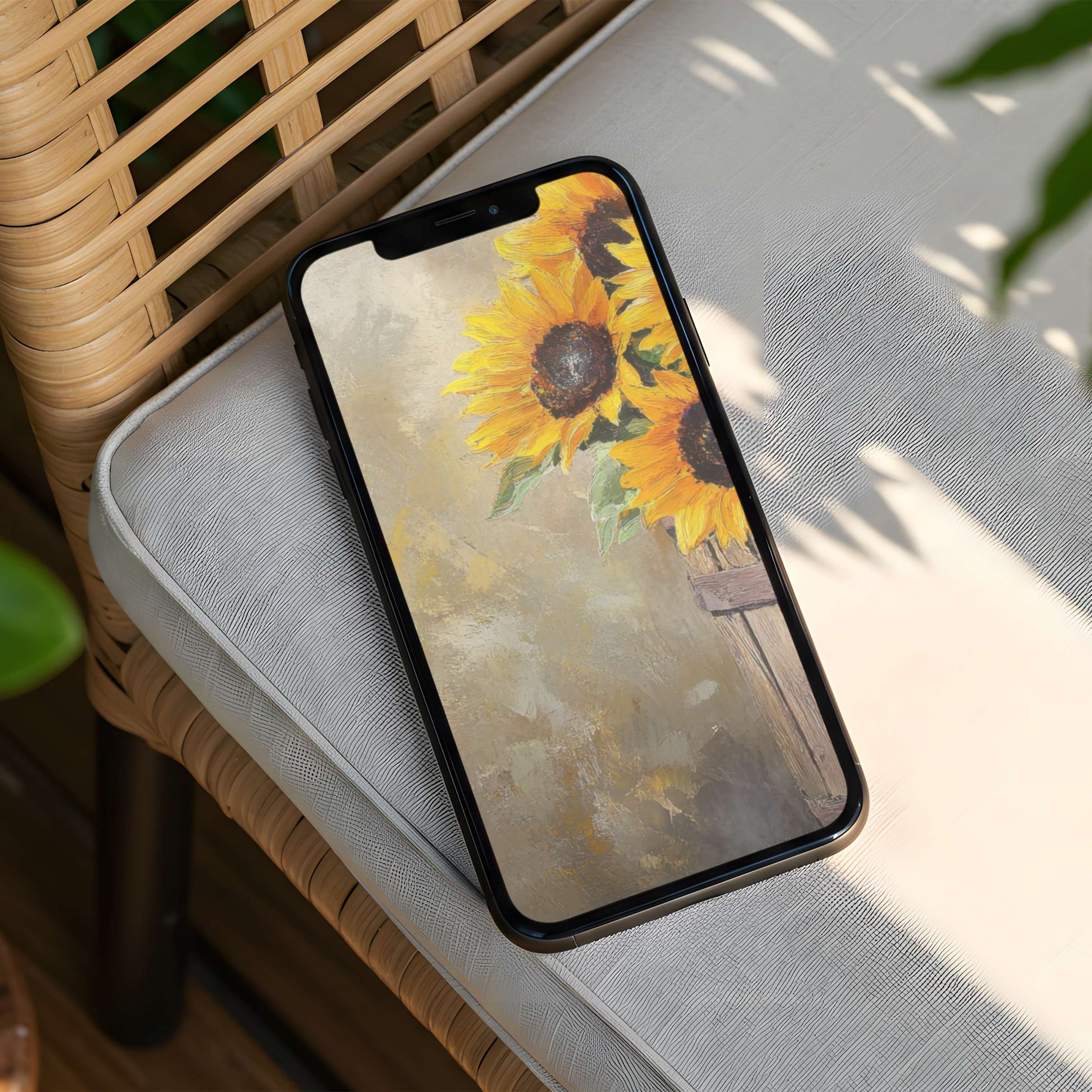 Sunflower-themed iPhone background for an instant download bringing elegance and calm to your phone displayed in a cozy setting