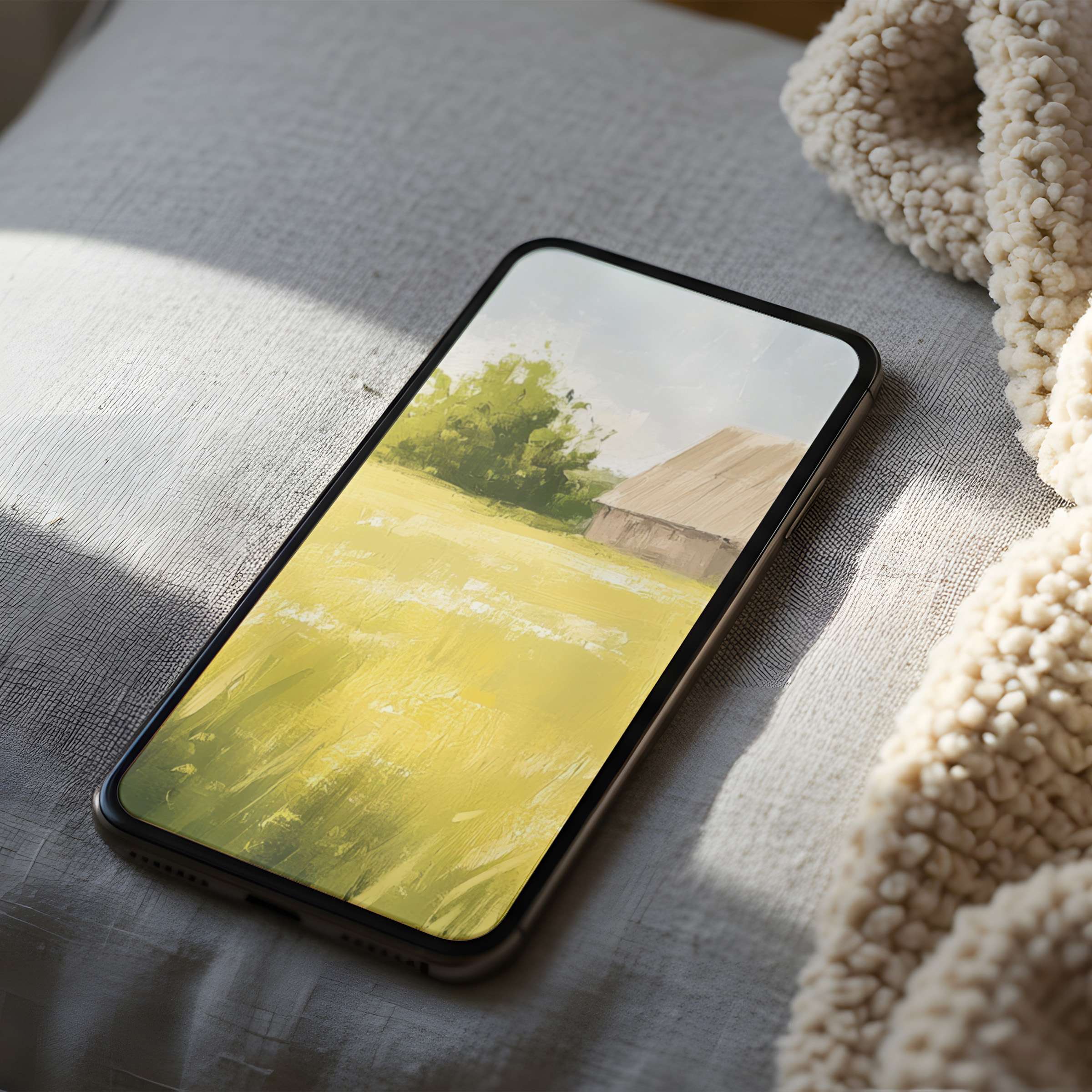 Serene landscape phone wallpaper with calming yellow fields and rustic farmhouse enhances your iPhone in high resolution download